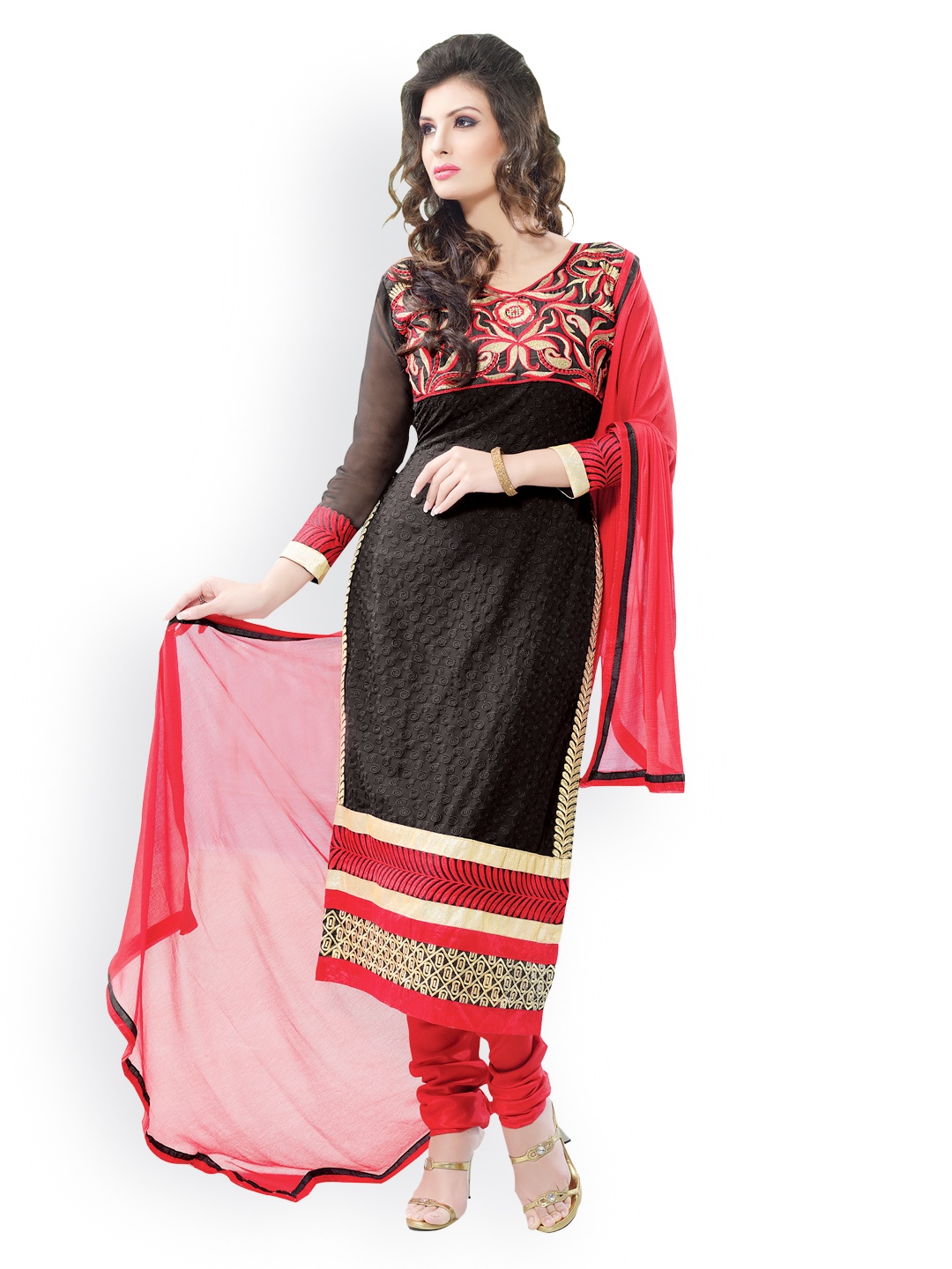 

Blissta Black & Red Embroidered Georgette Unstitched Dress Material