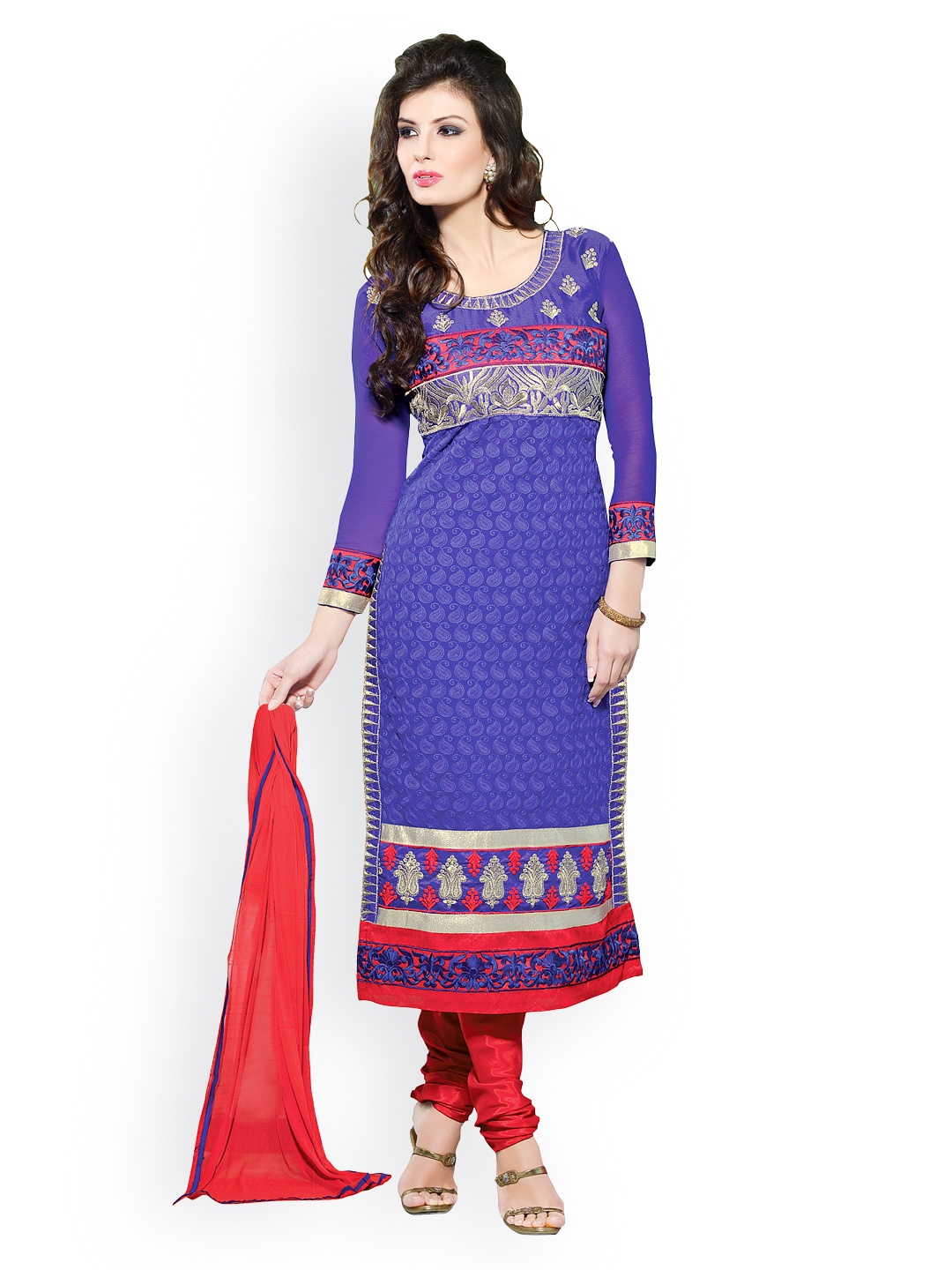 

Blissta Blue & Red Embroidered Georgette Unstitched Dress Material