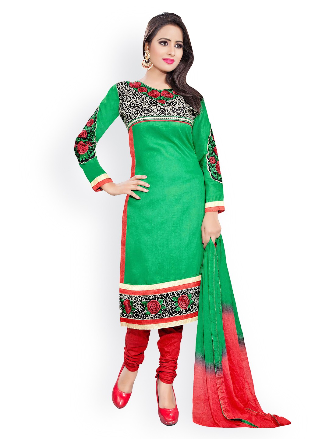 

Blissta Green & Red Embroidered Cotton Unstitched Dress Material