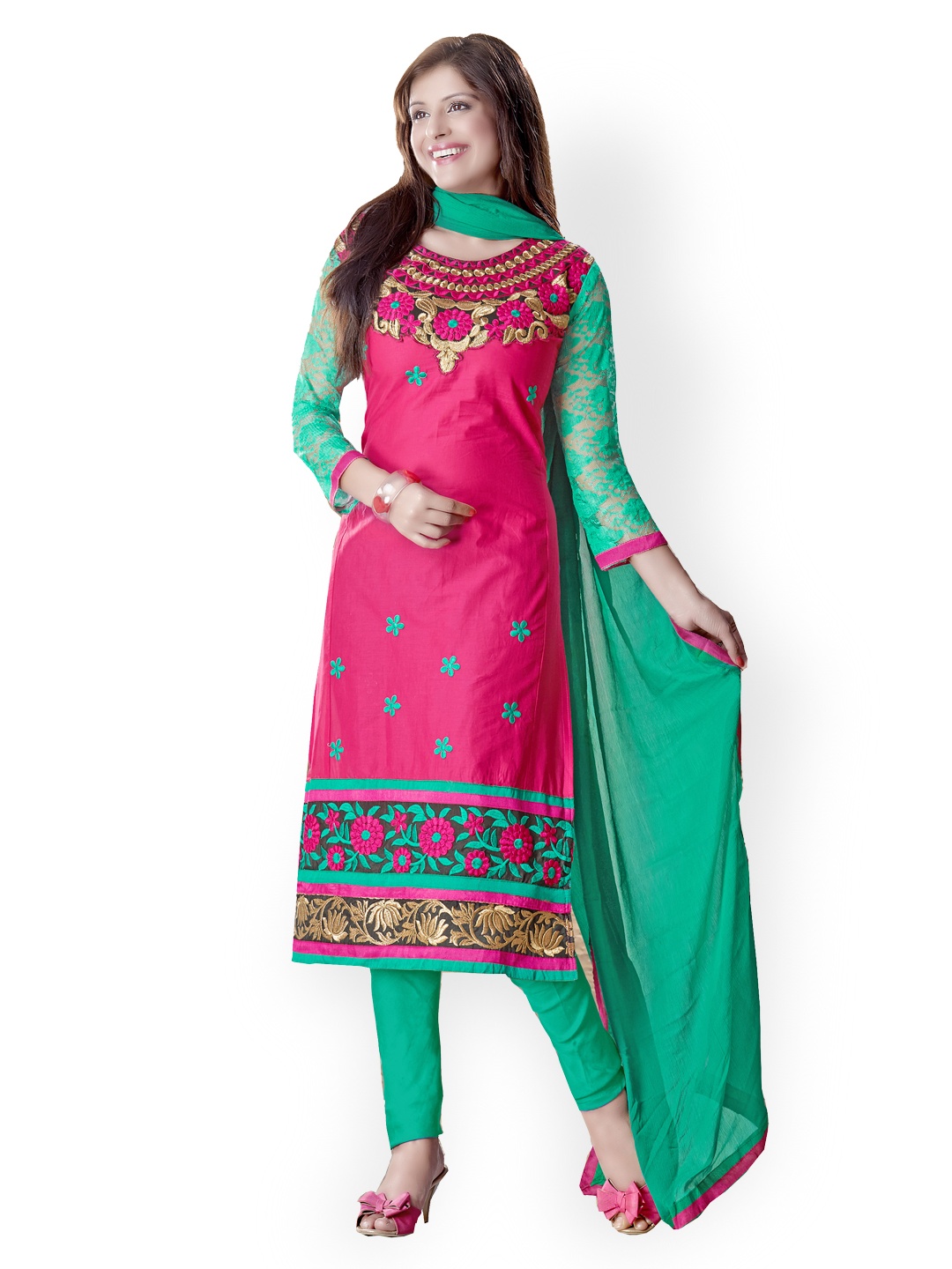 

Blissta Pink & Green Embroidered Cotton Unstitched Dress Material