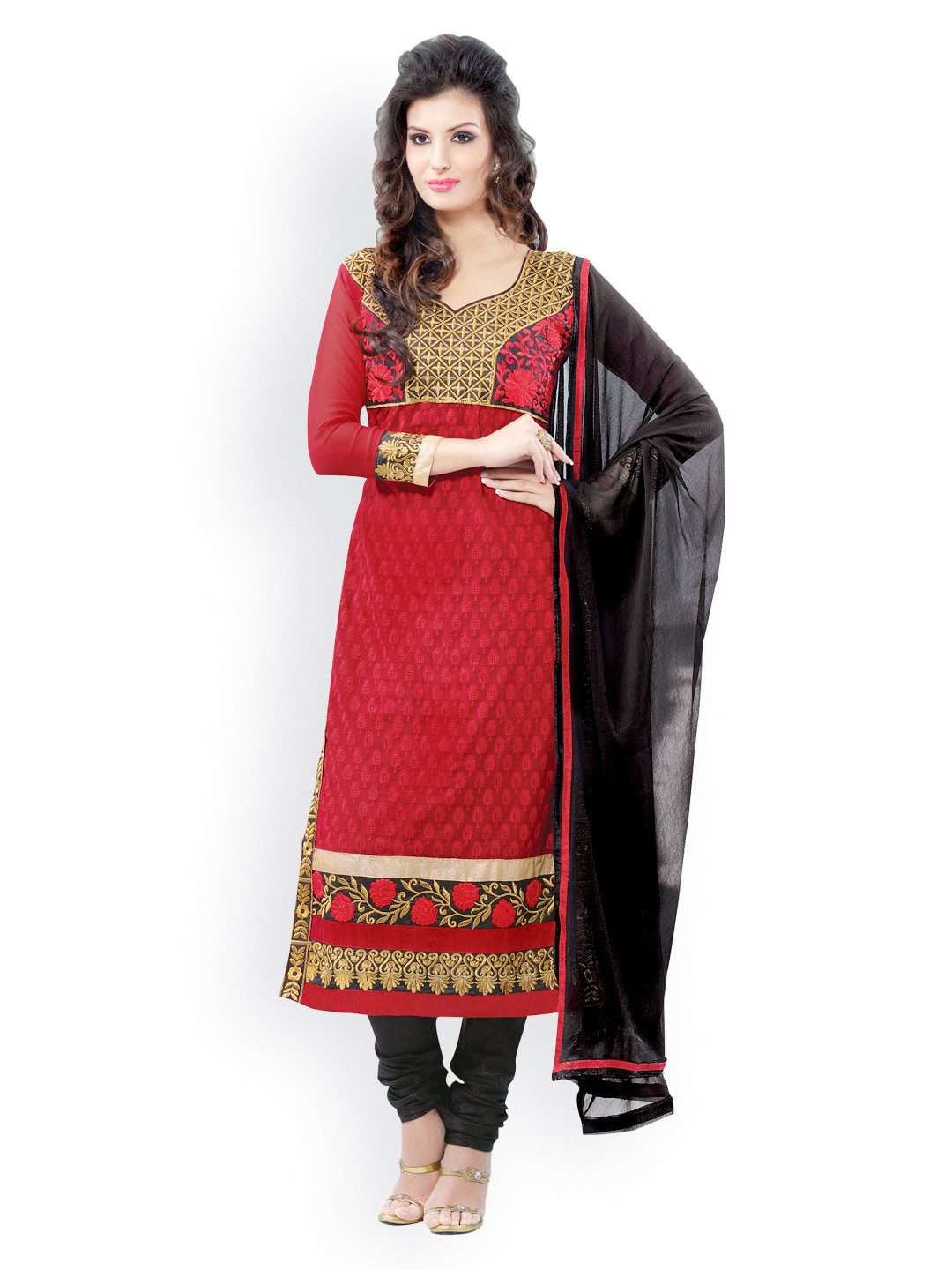 

Blissta Red & Black Embroidered Georgette Unstitched Dress Material