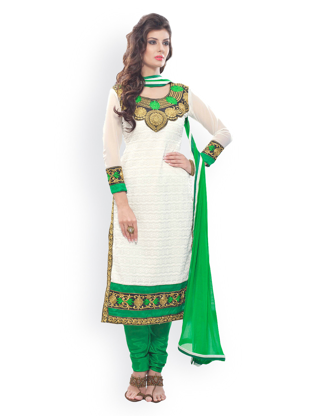 

Blissta White & Green Embroidered Georgette Unstitched Dress Material
