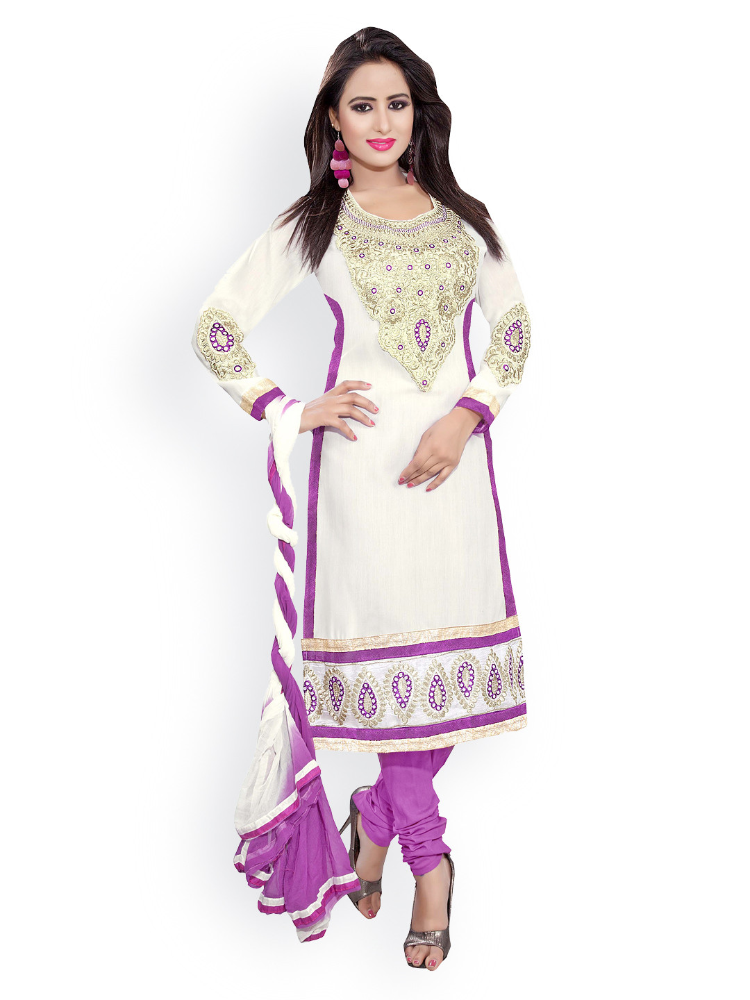 

Blissta White & Purple Embroidered Cotton Unstitched Dress Material