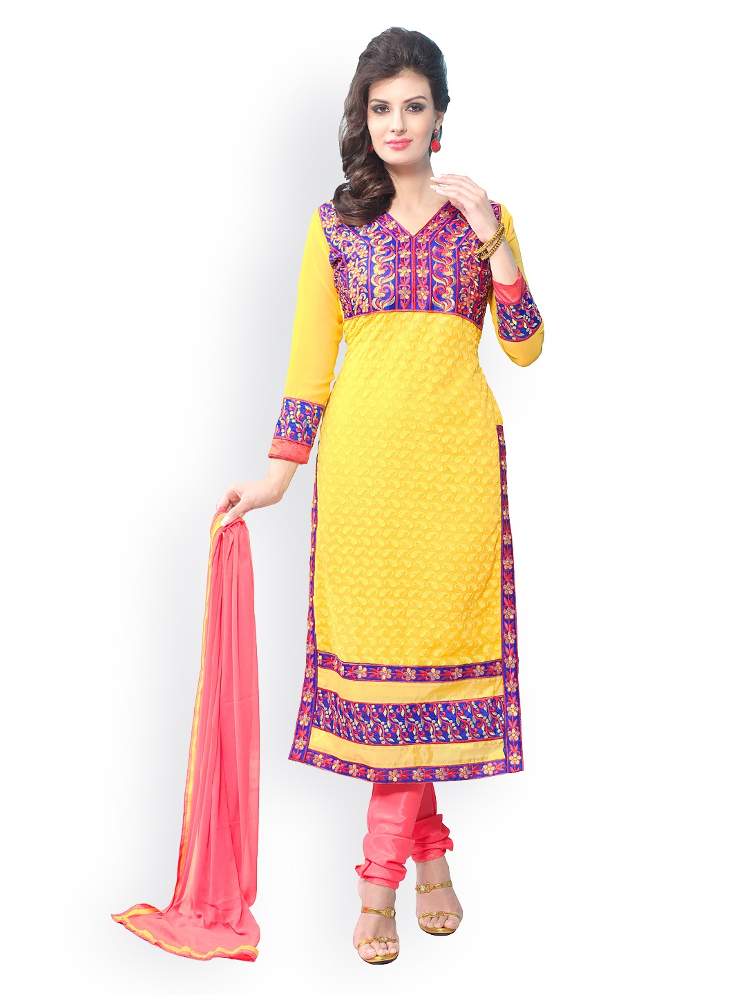 

Blissta Yellow & Pink Embroidered Georgette Unstitched Dress Material