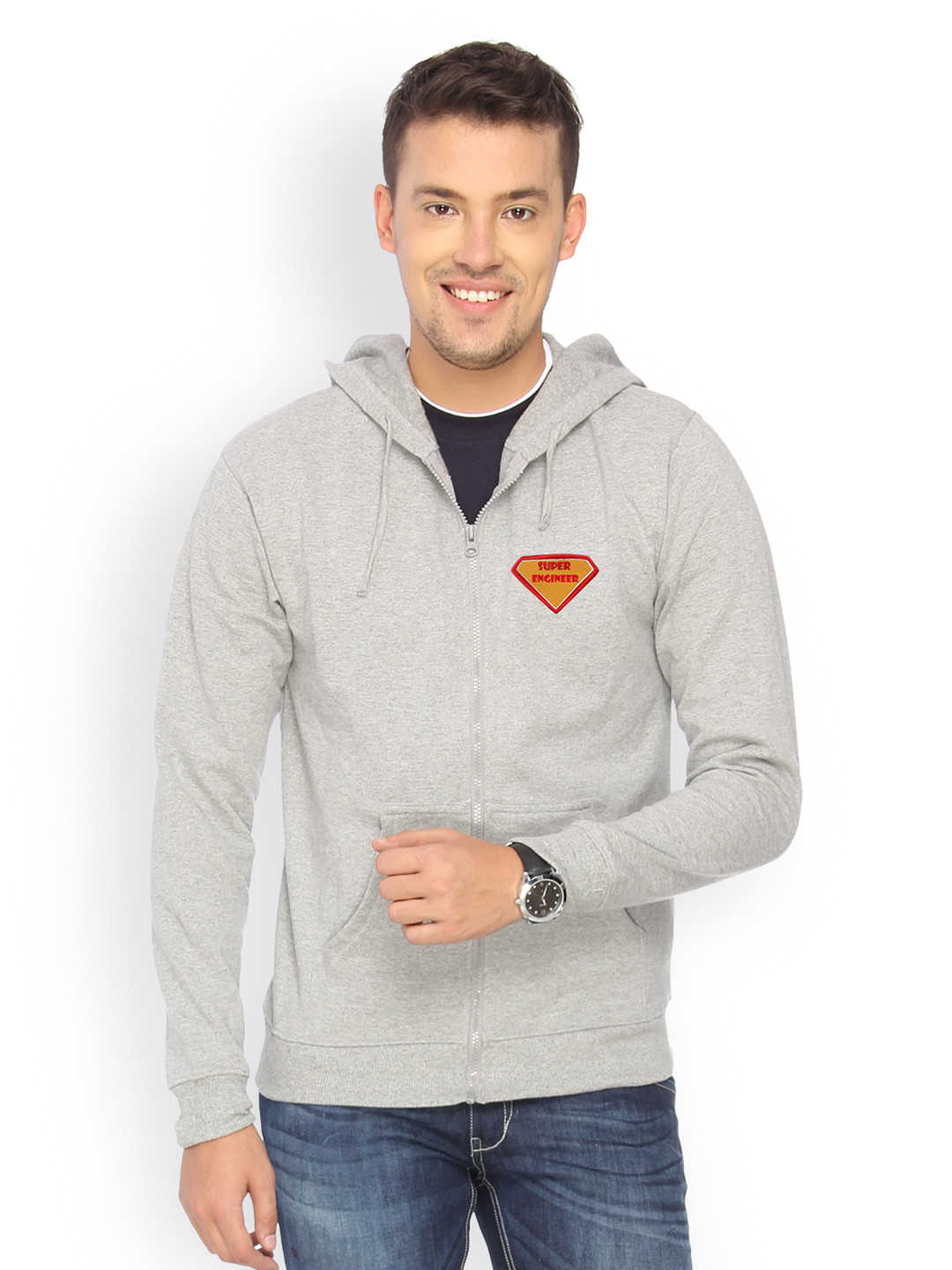 

Campus Sutra Men Grey Hooded Sweatshirt