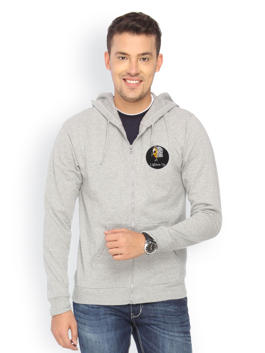 

Campus Sutra Men Grey Hooded Sweatshirt