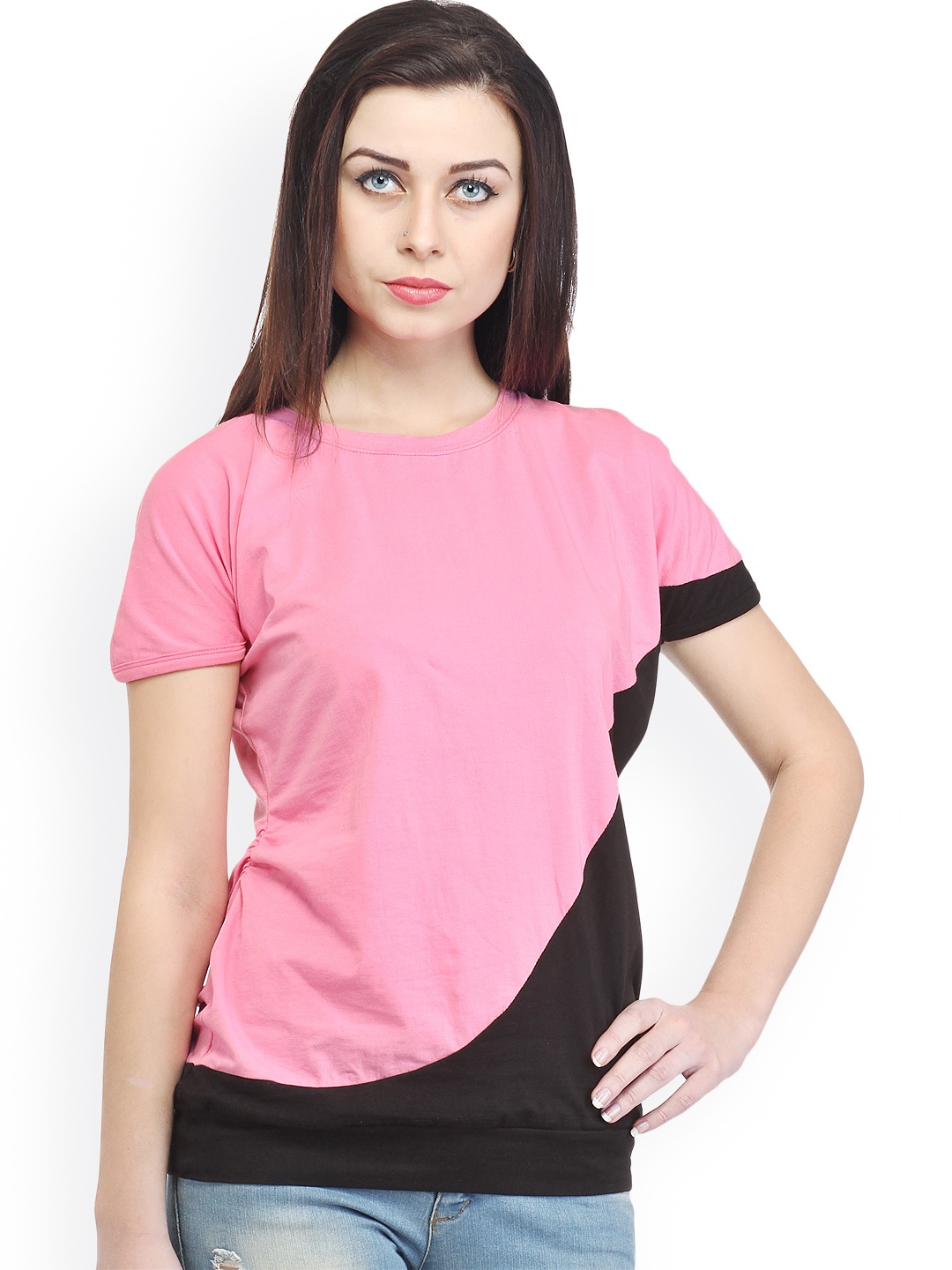 

Cation Women Pink & Black Colourblocked Pure Cotton Top
