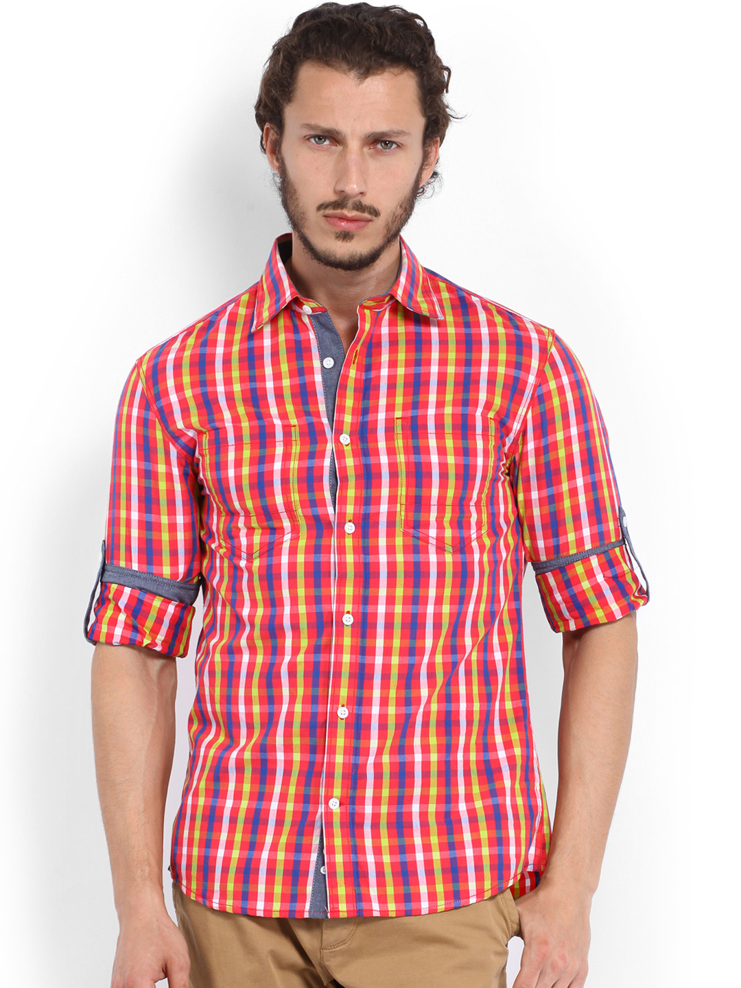 

Celio Men Red & Fluorescent Green Checked Slim Fit Casual Shirt