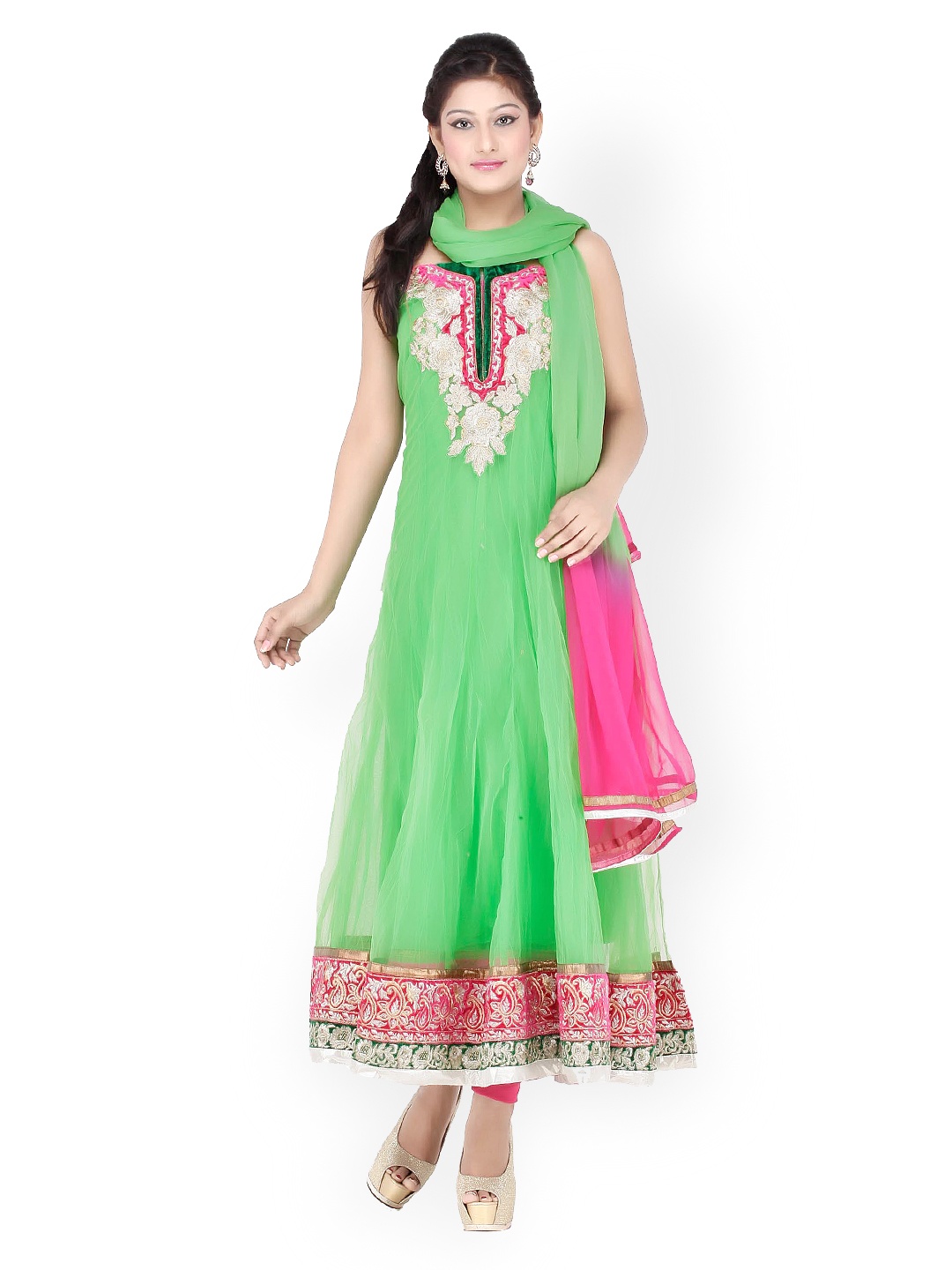 

Chhabra 555 Green & Pink Net Unstitched Dress Material