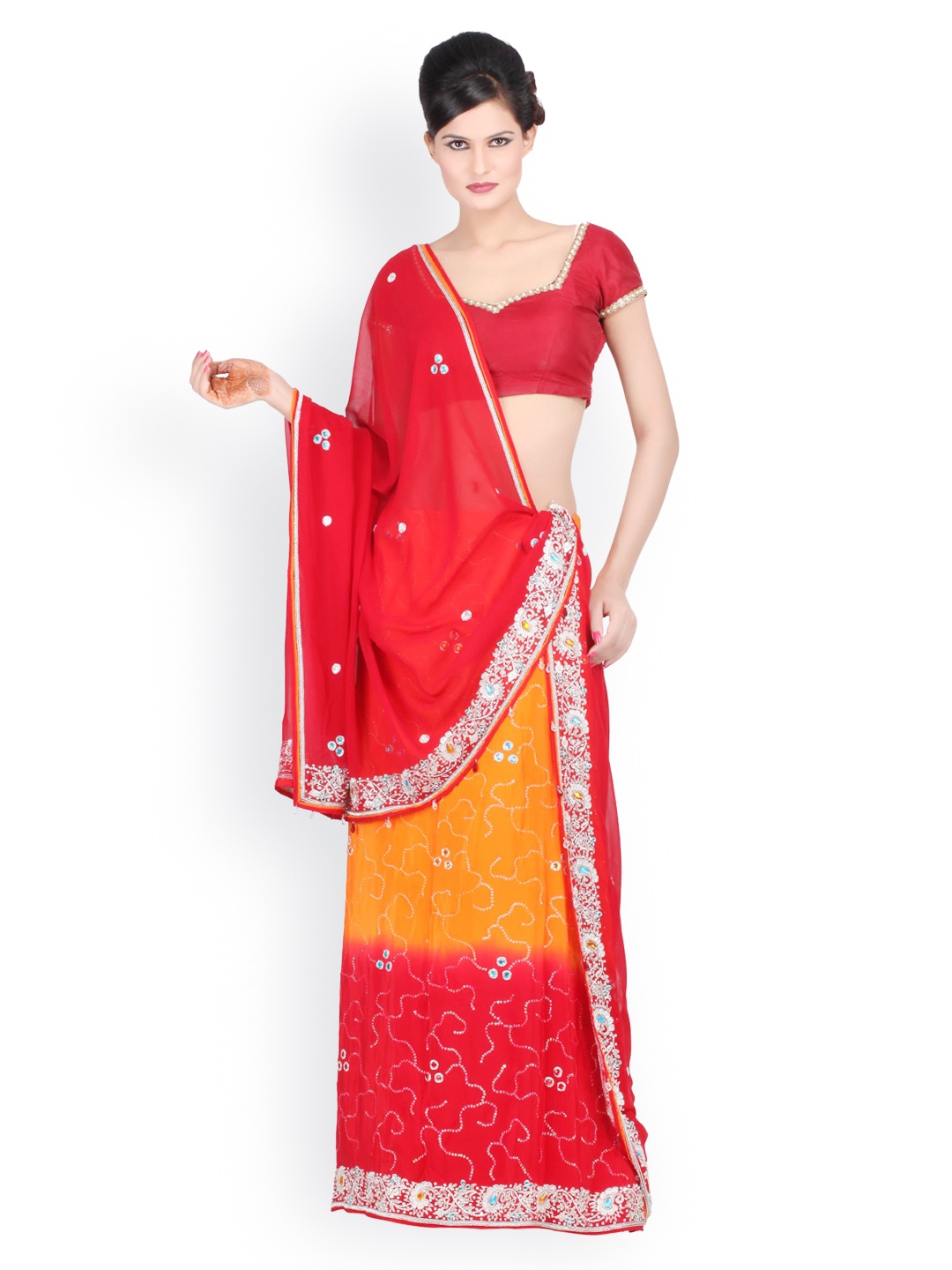 

Chhabra 555 Red & Orange Crepe Unstitched Lehenga Choli Material with Dupatta