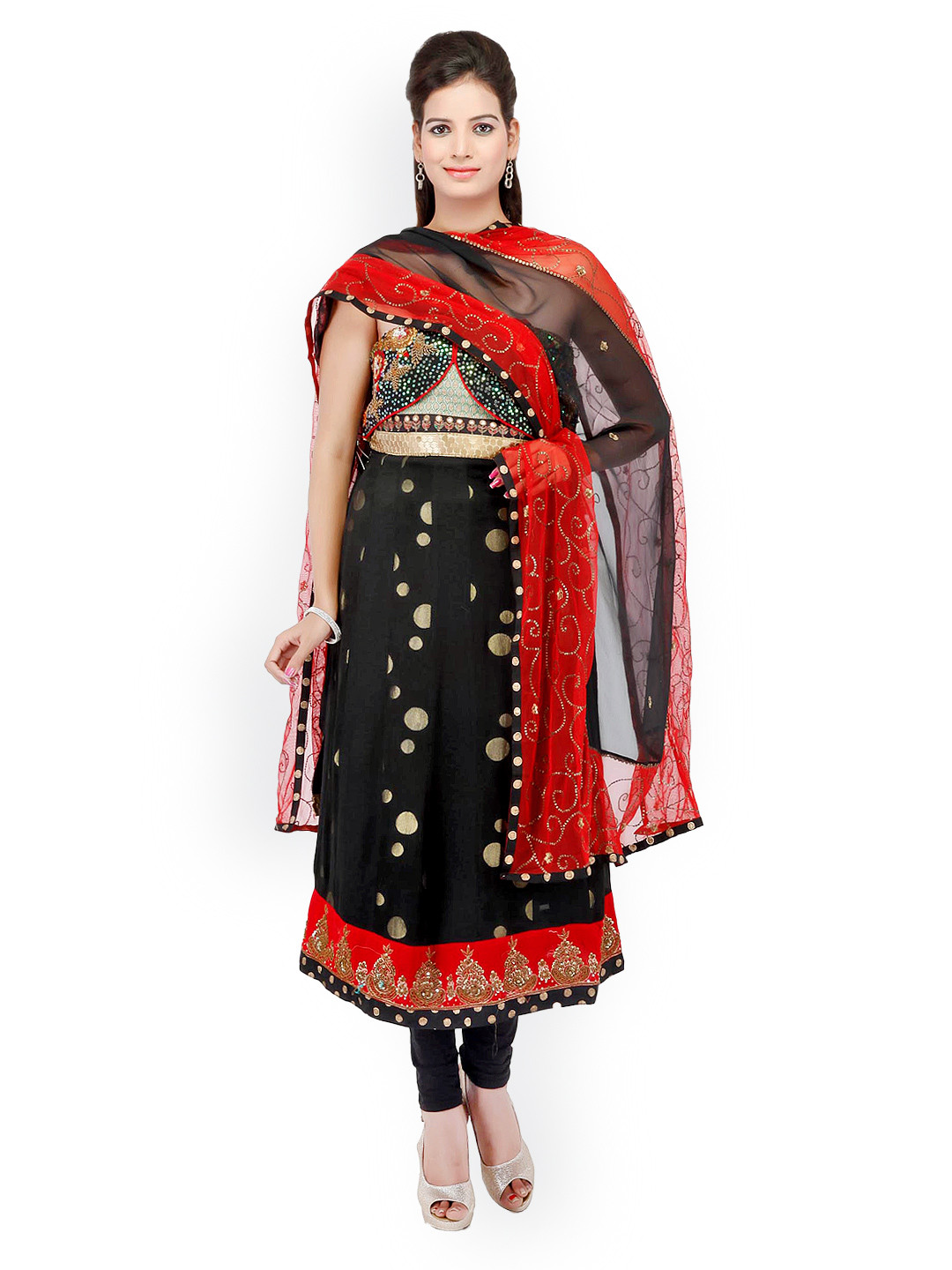 

Chhabra 555 Black & Red Georgette Unstitched Dress Material