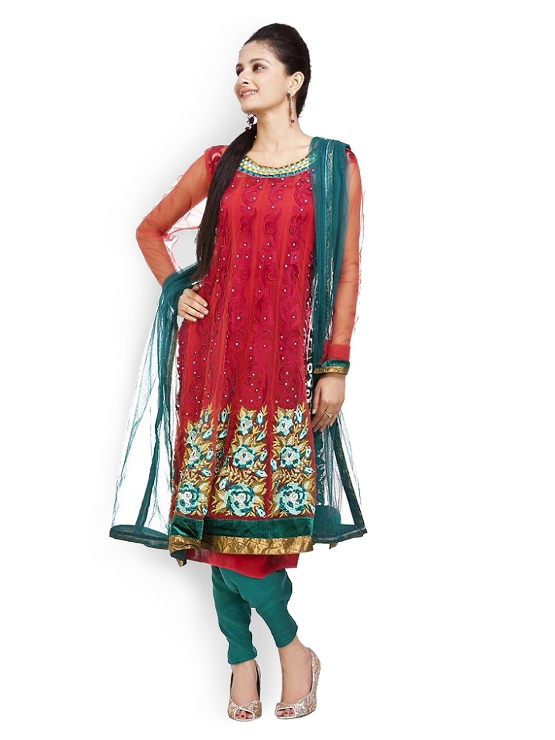 

Chhabra 555 Red & Teal Green Embroidered Nylon Unstitched Dress Material