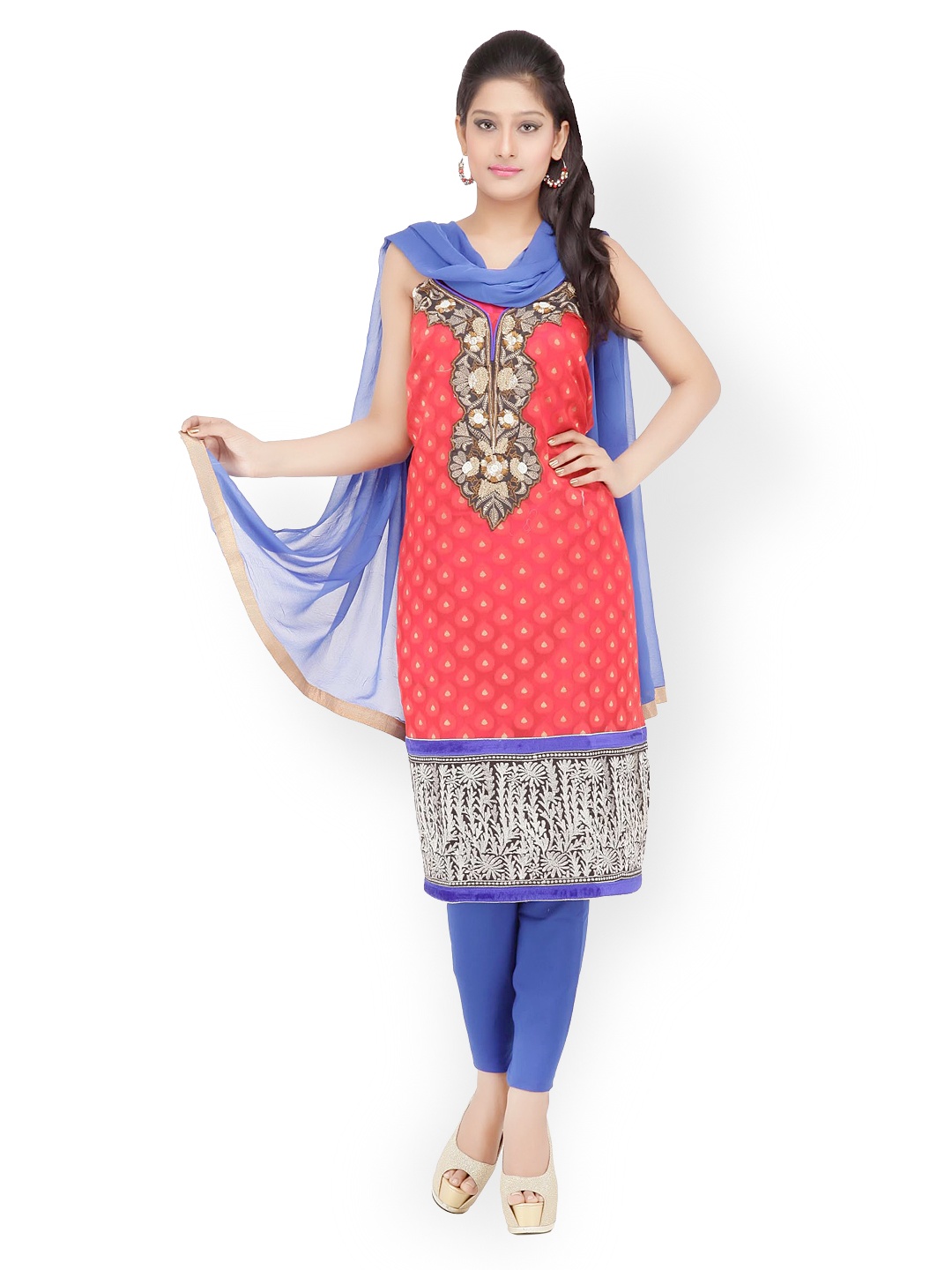 

Chhabra 555 Red & Blue Embroidered Cotton Unstitched Dress Material