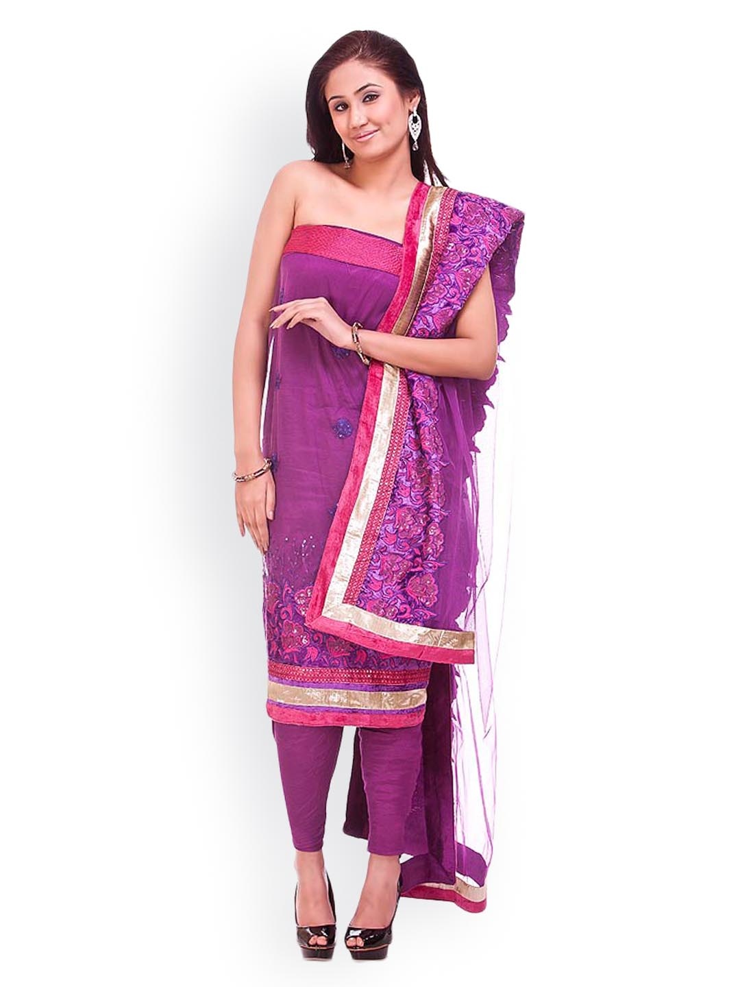 

Chhabra 555 Purple Embroidered Nylon Unstitched Dress Material