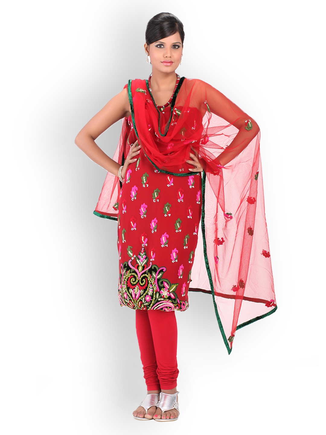

Chhabra 555 Red Embroidered Unstitched Dress Material