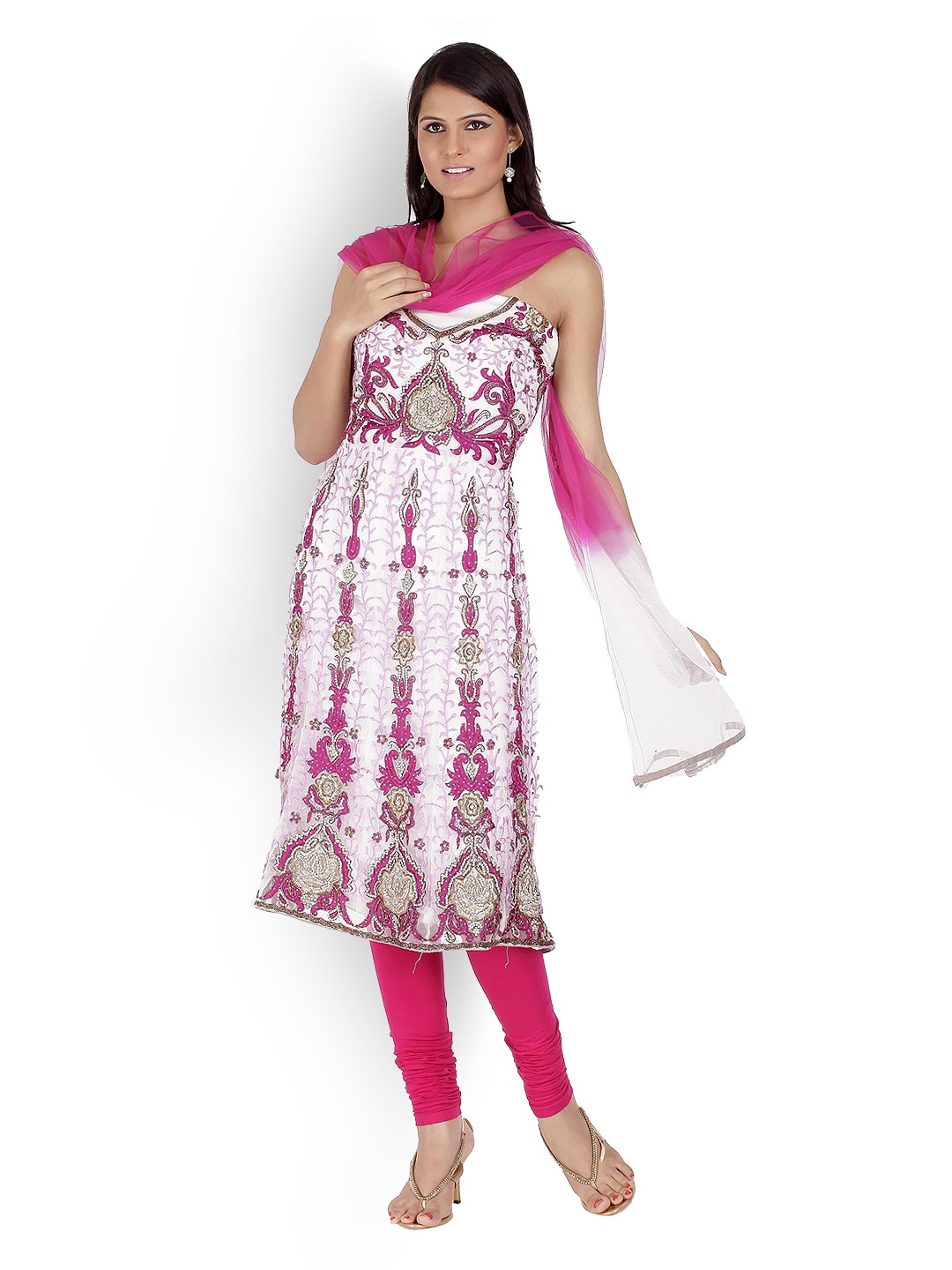 

Chhabra 555 White & Pink Embroidered Nylon Unstitched Dress Material