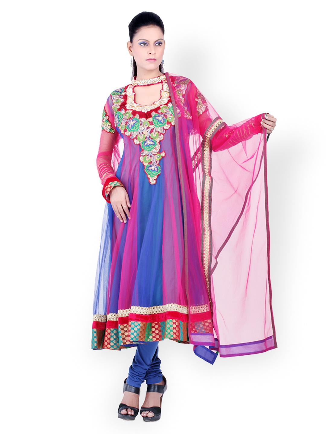 

Chhabra 555 Pink & Blue Embroidered Net Unstitched Anarkali Dress Material