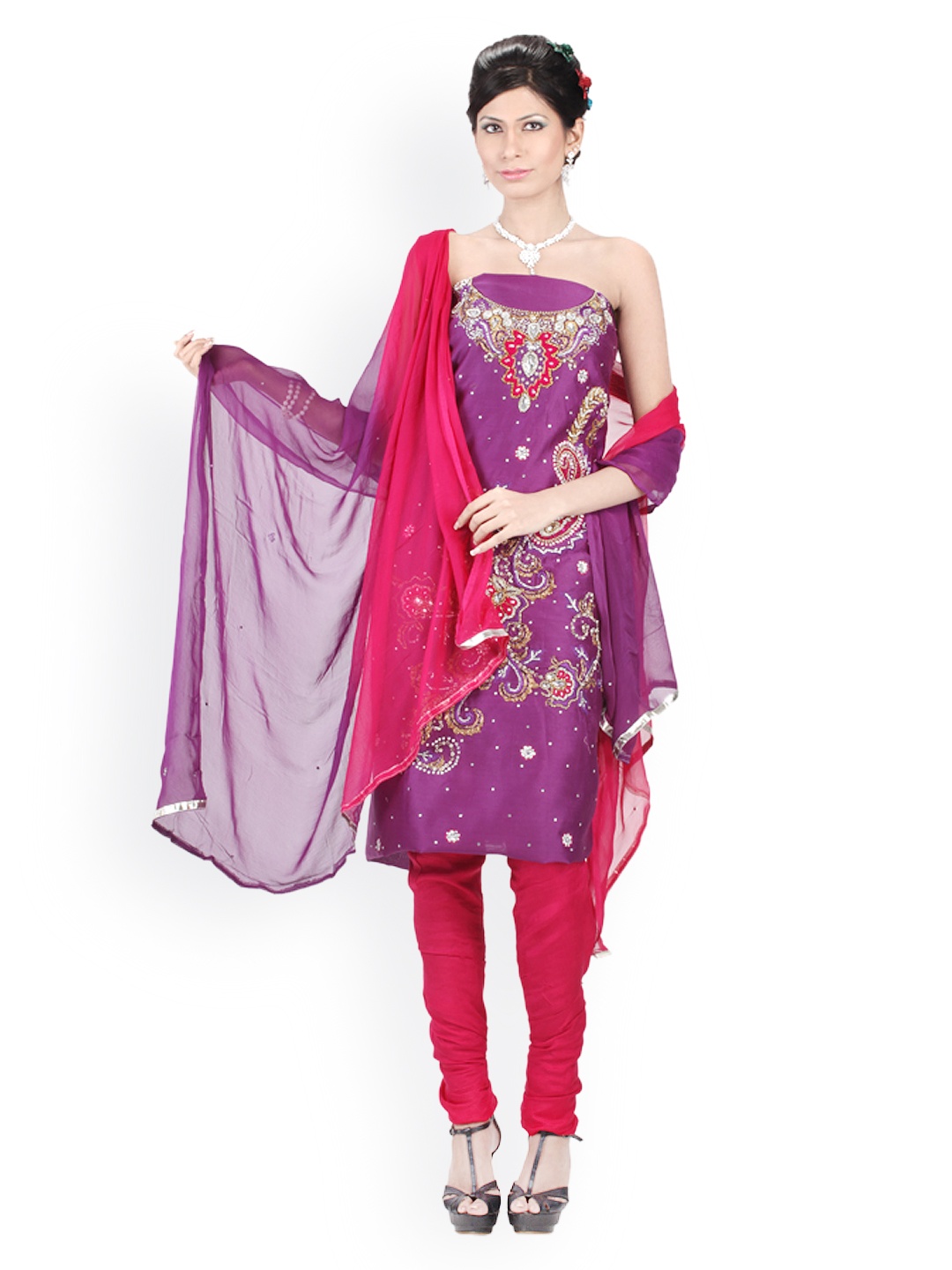 

Chhabra 555 Purple & Pink Embroidered Chanderi Silk Unstitched Dress Material