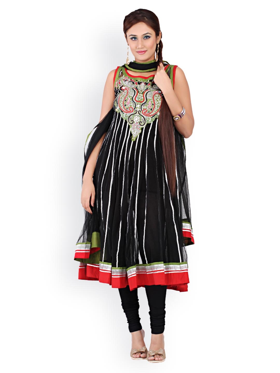 

Chhabra 555 Black Embroidered Nylon Supernet Unstitched Anarkali Dress Material