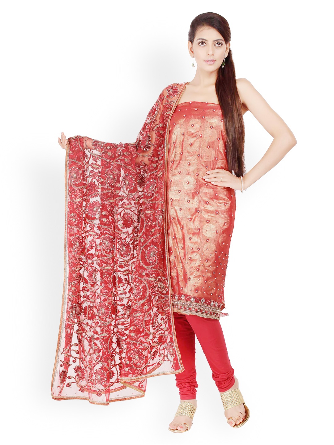 

Chhabra 555 Red Embroidered Net Unstitched Dress Material