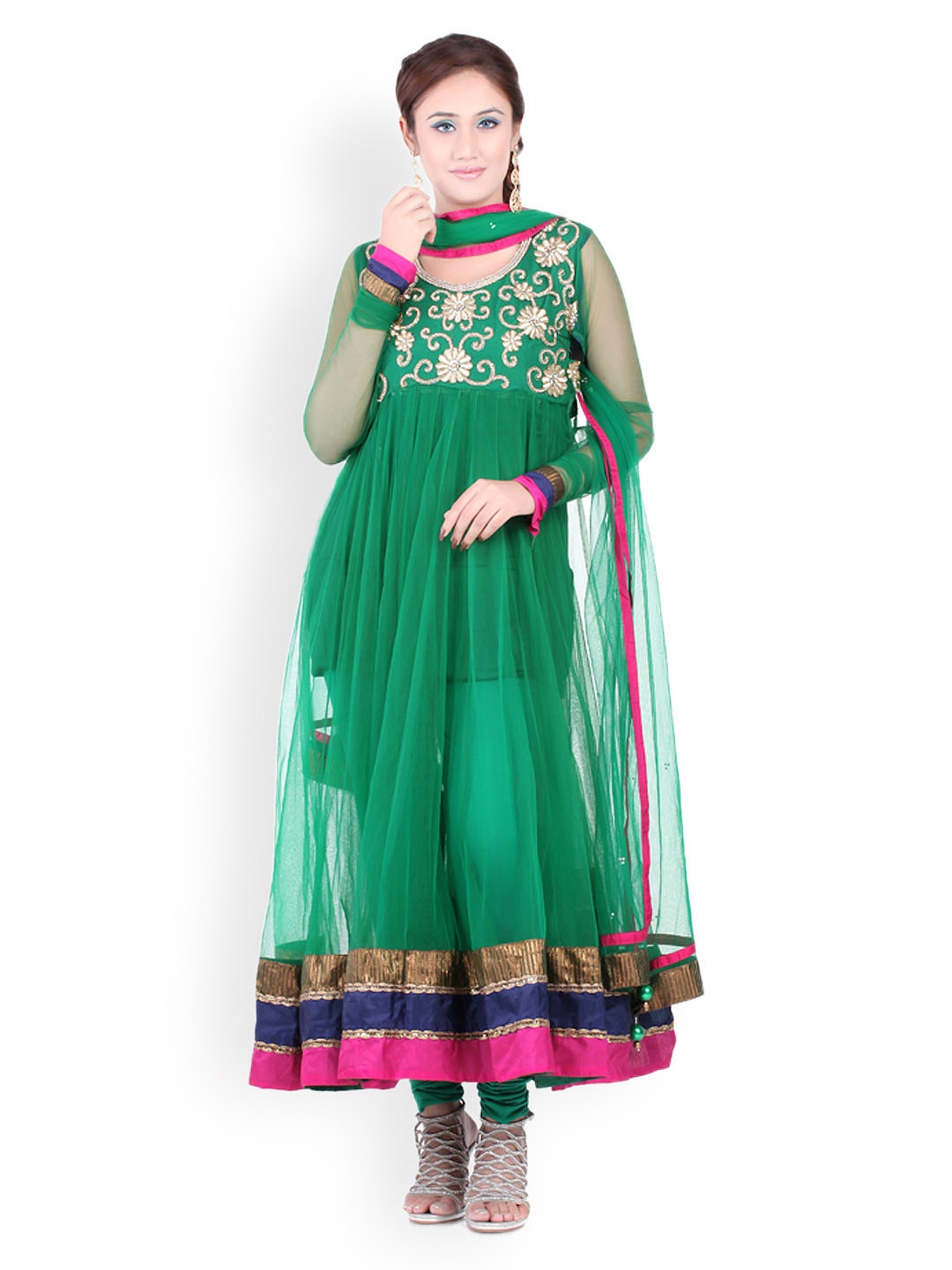 

Chhabra 555 Green Embroidered Net Anarkali Unstitched Dress Material