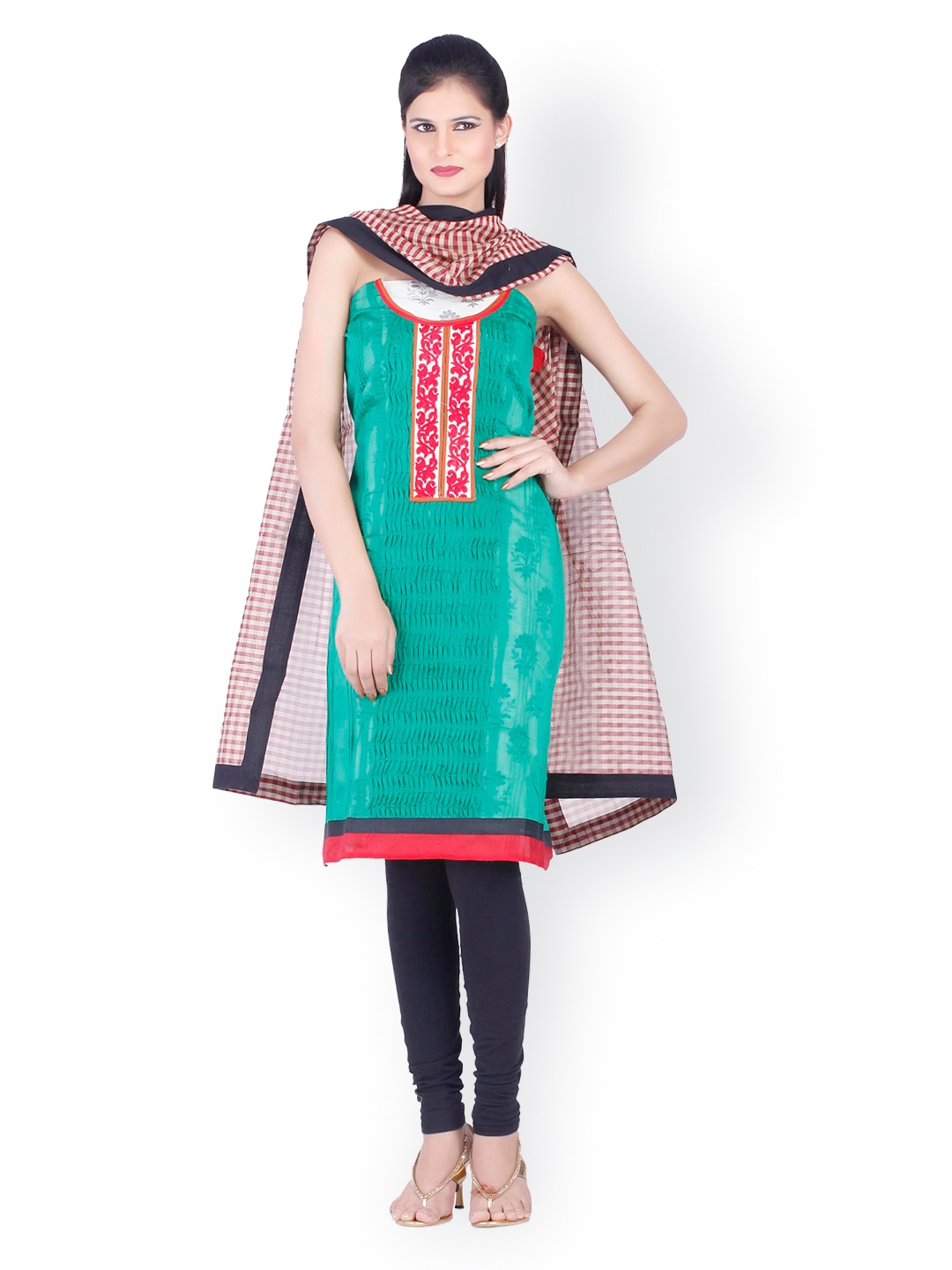 

Chhabra555 Green & Black Chanderi Unstitched Dress Material