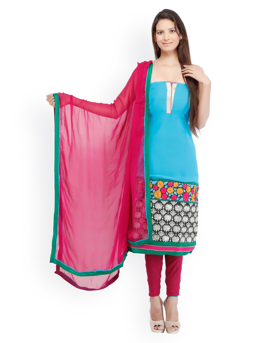 

Chhabra 555 Blue & Pink Embroidered Georgette Unstitched Dress Material