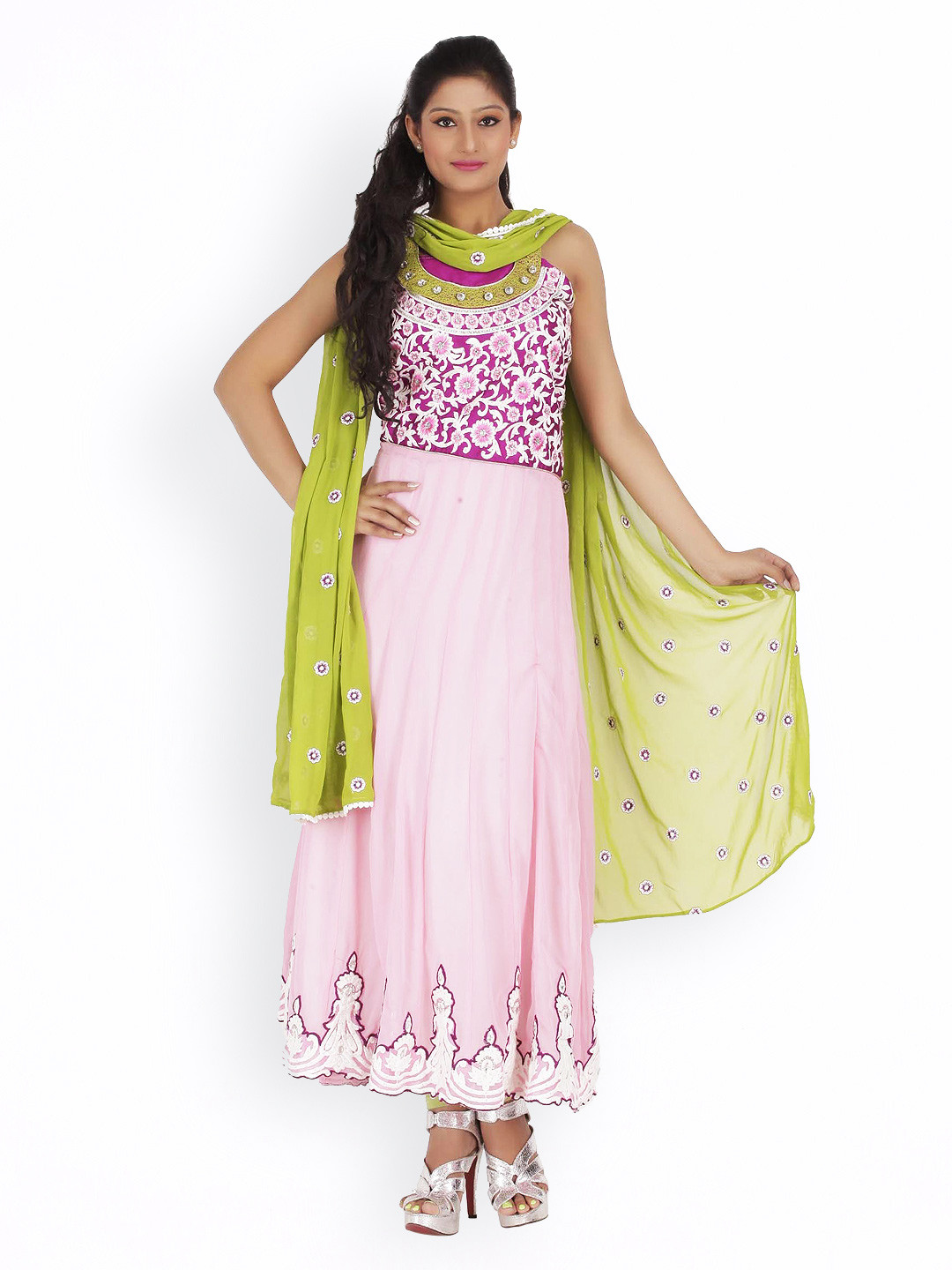 

Chhabra 555 Pink & Green Embroidered Unstitched Dress Material
