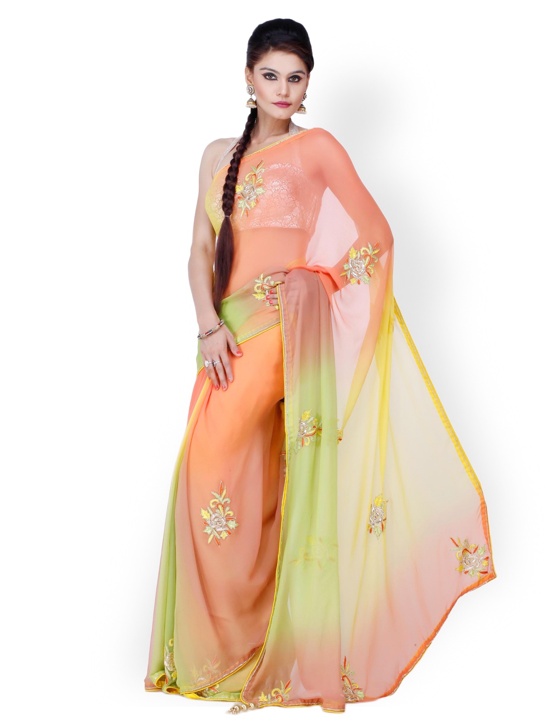 

Chhabra 555 Orange Embroidered Chiffon Fashion Saree