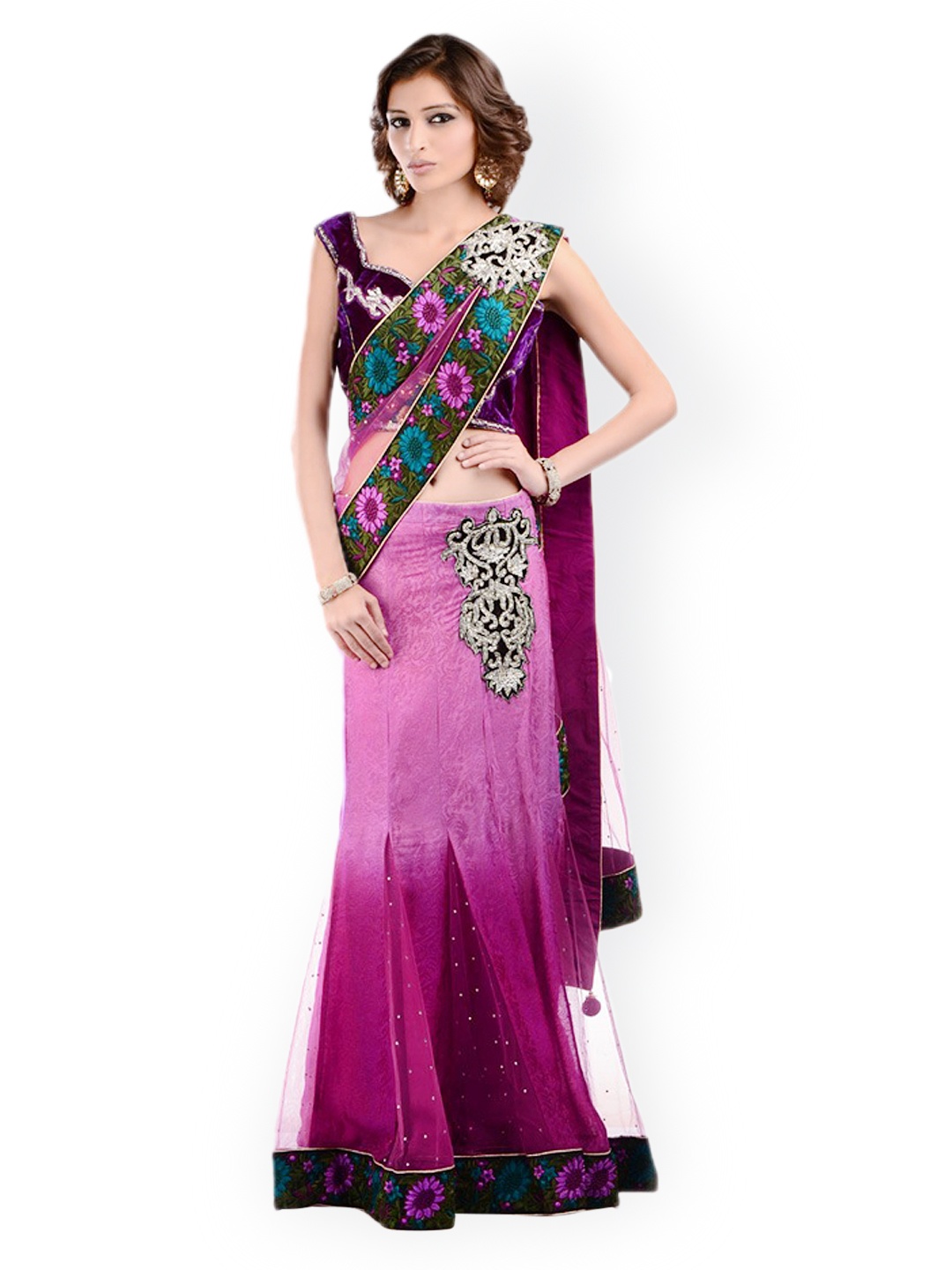 

Chhabra 555 Purple Embroidered Partywear Lehenga Saree