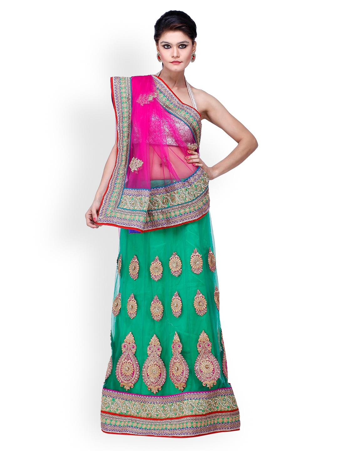 

Chhabra 555 Pink & Green Embroidered Nylon Fashion Saree