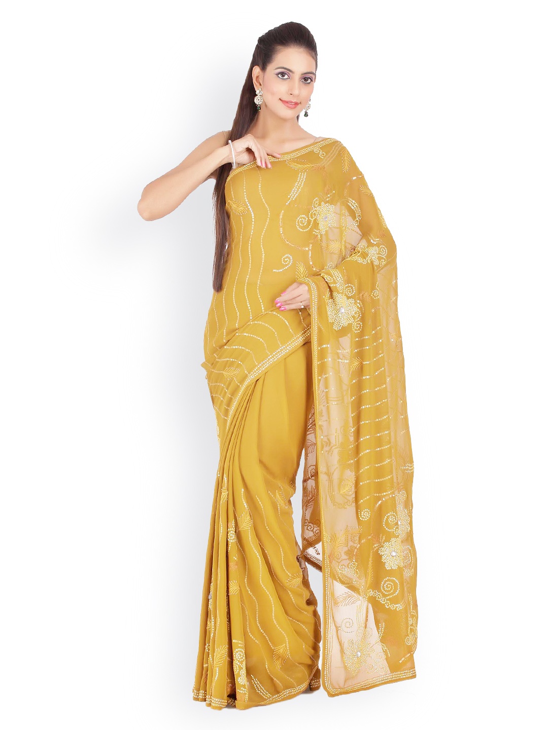 

Chhabra 555 Mustard Yellow Georgette Partywear Saree