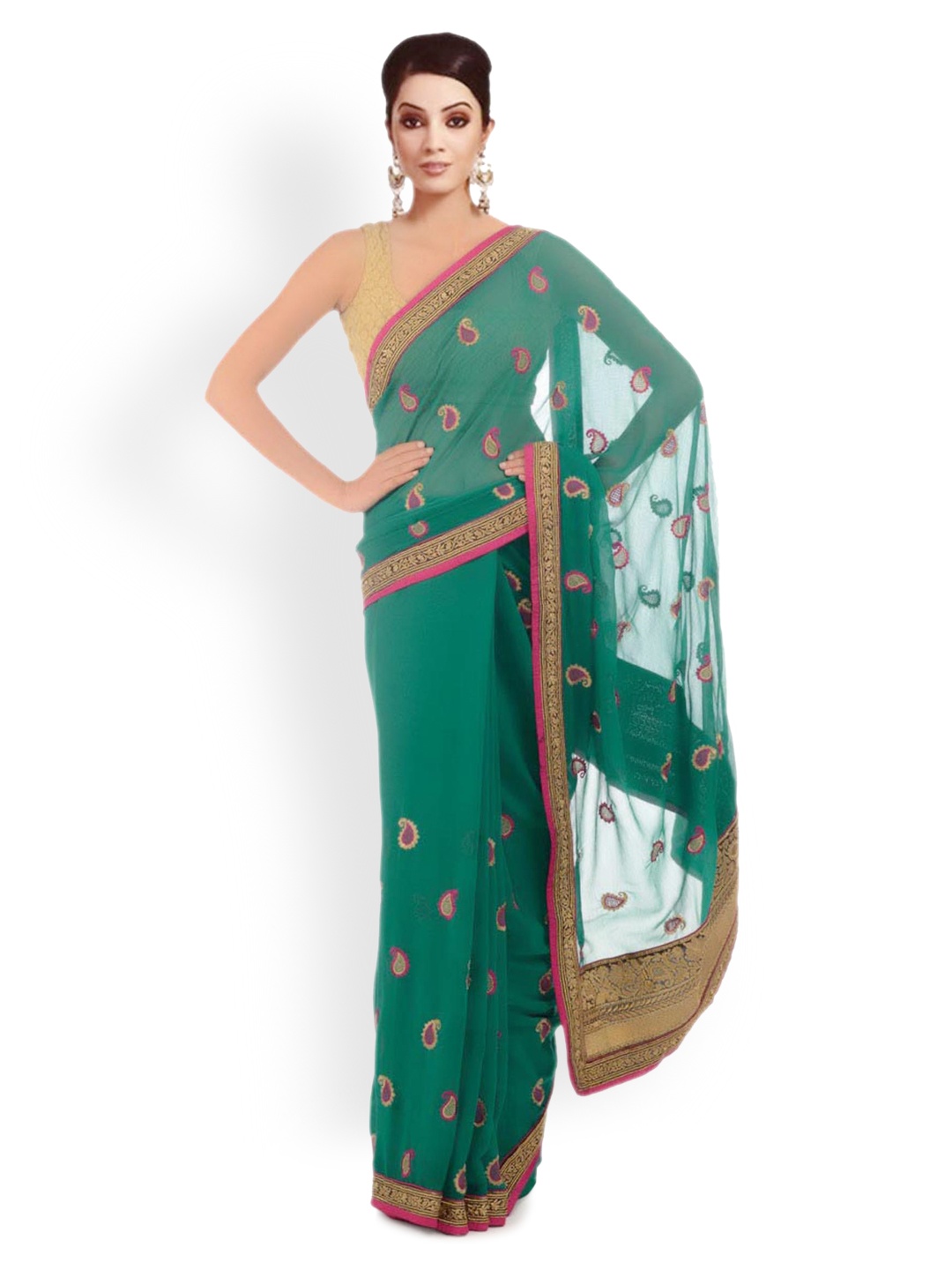 

Chhabra 555 Green Embroidered Chiffon Fashion Saree