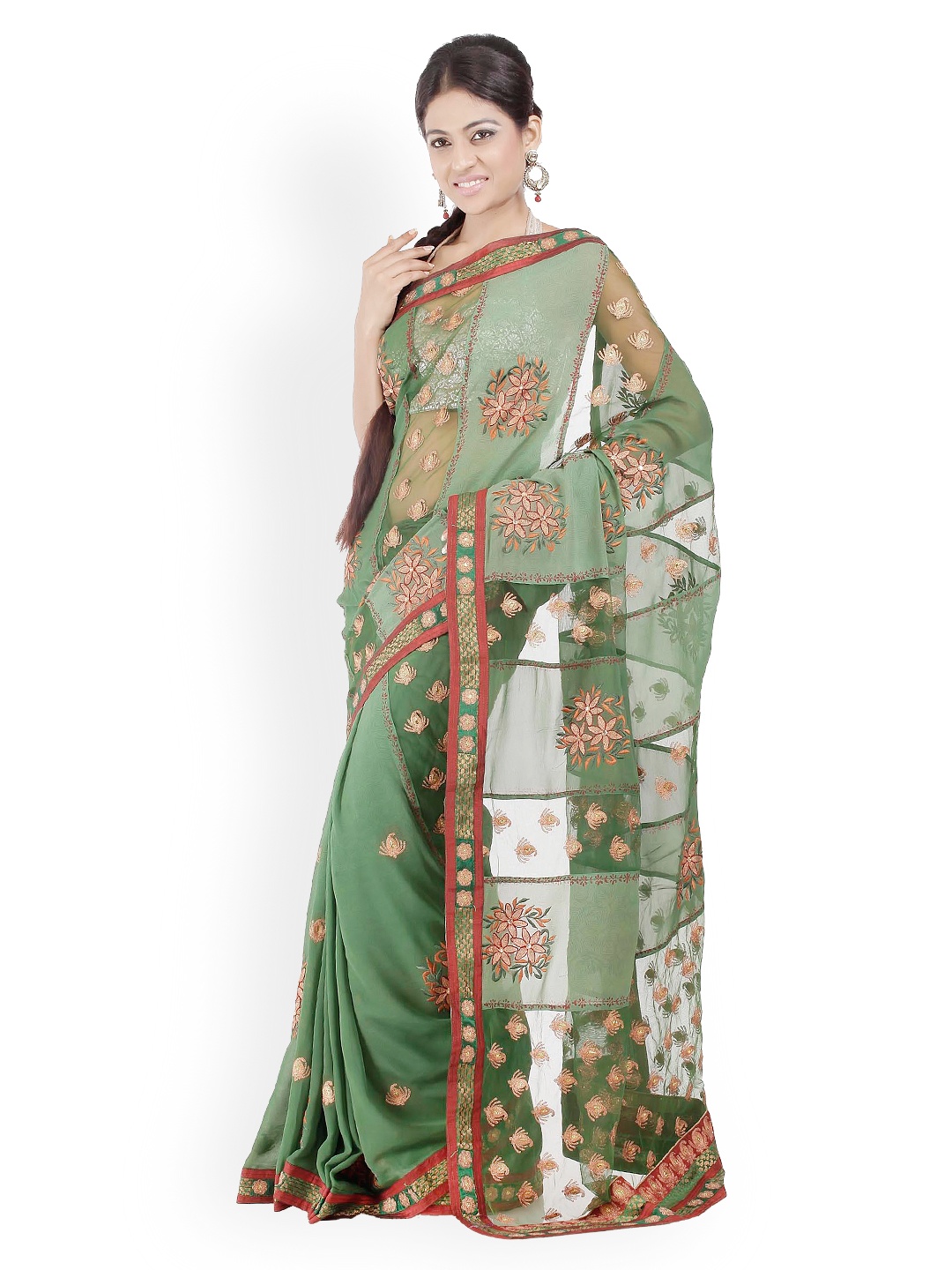 

Chhabra 555 Green Embroidered Net Fashion Saree