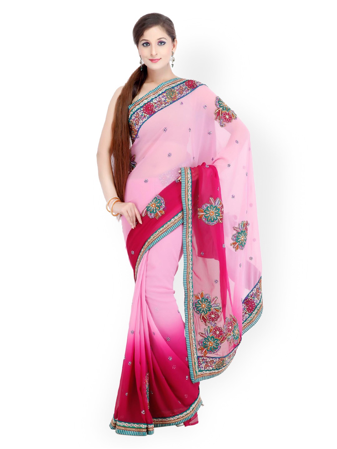 

Chhabra 555 Pink Embroidered Chiffon Fashion Saree