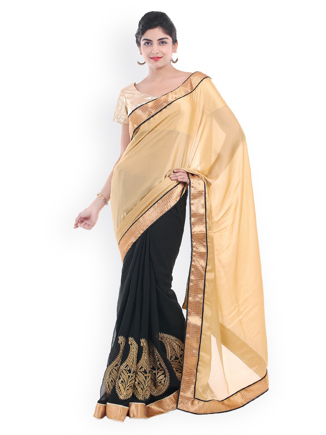 

Chhabra 555 Beige & Black Embroidered Chiffon Fashion Saree