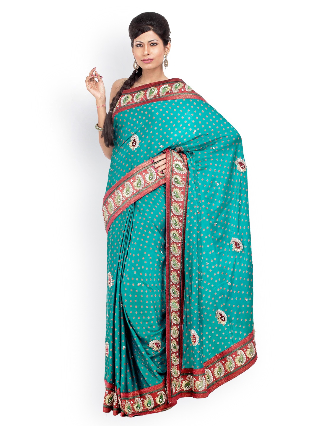 

Chhabra 555 Teal Blue Embroidered Satin Fashion Saree