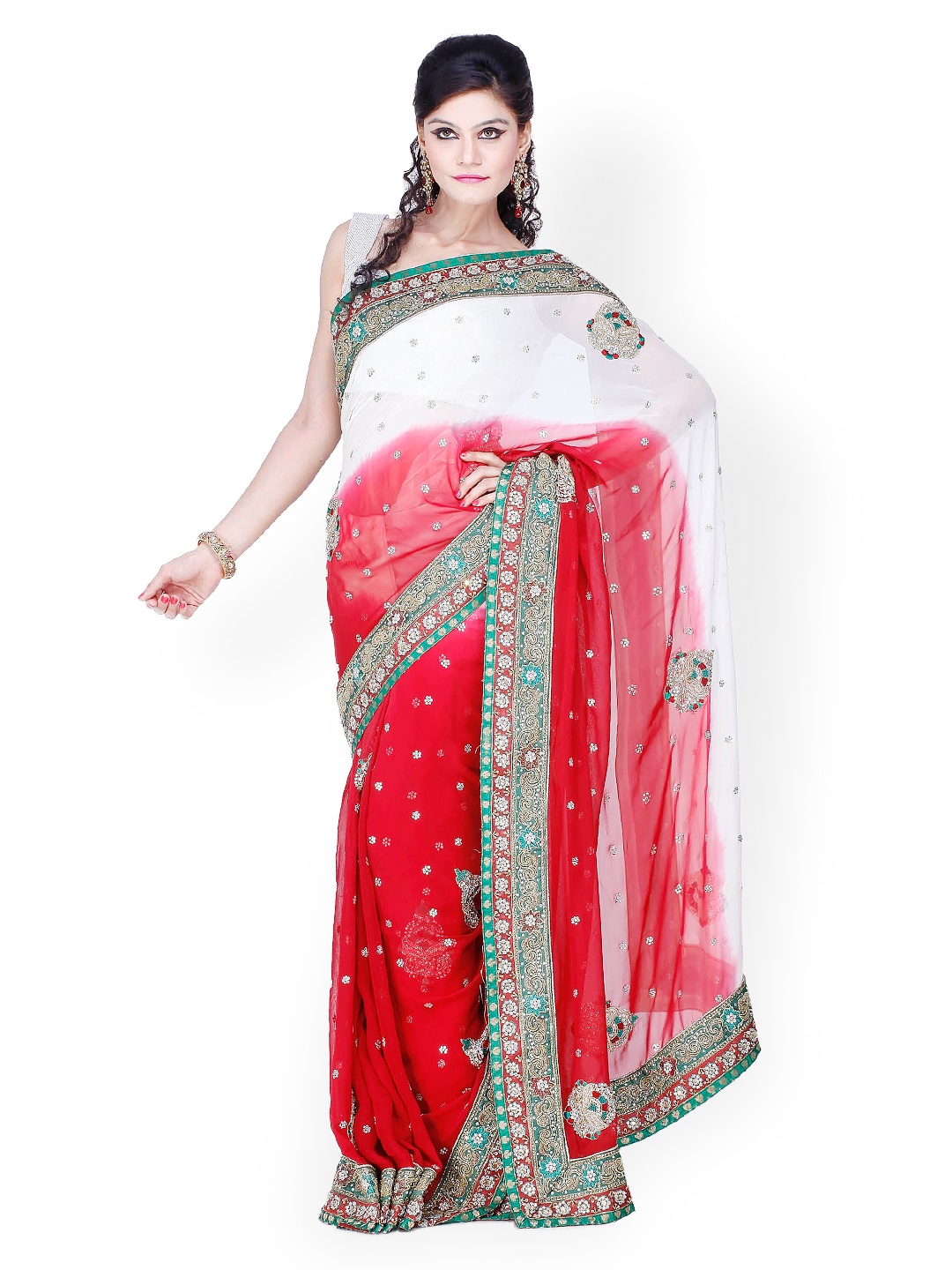 

Chhabra 555 Red Embroidered Georgette Fashion Saree