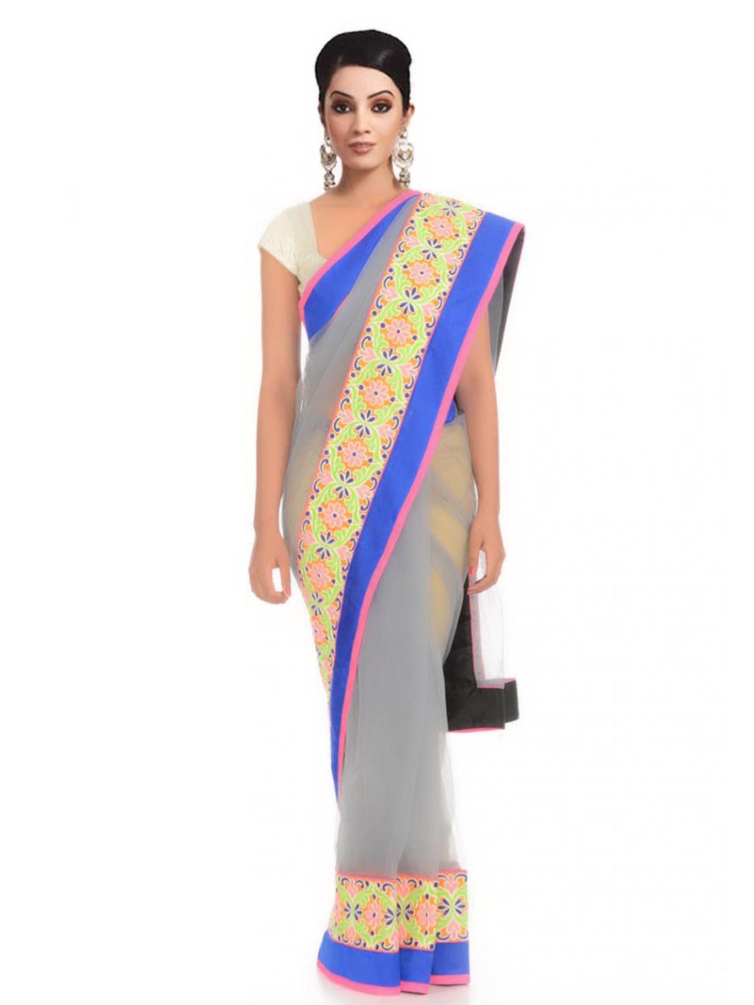 

Chhabra 555 Grey Net Fashion Saree
