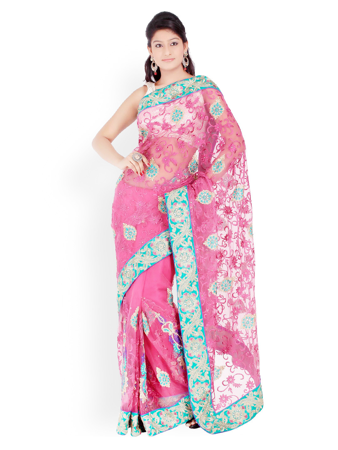 

Chhabra 555 Pink Nylon Net Fashion Saree