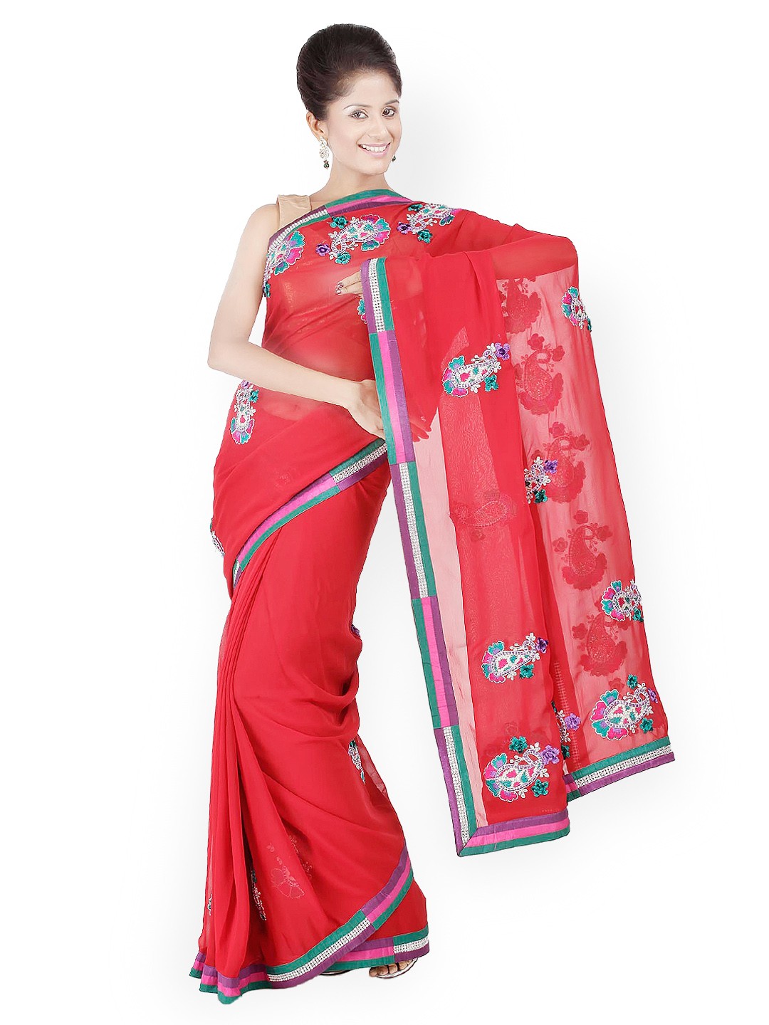 

Chhabra 555 Red Embroidered Georgette Fashion Saree