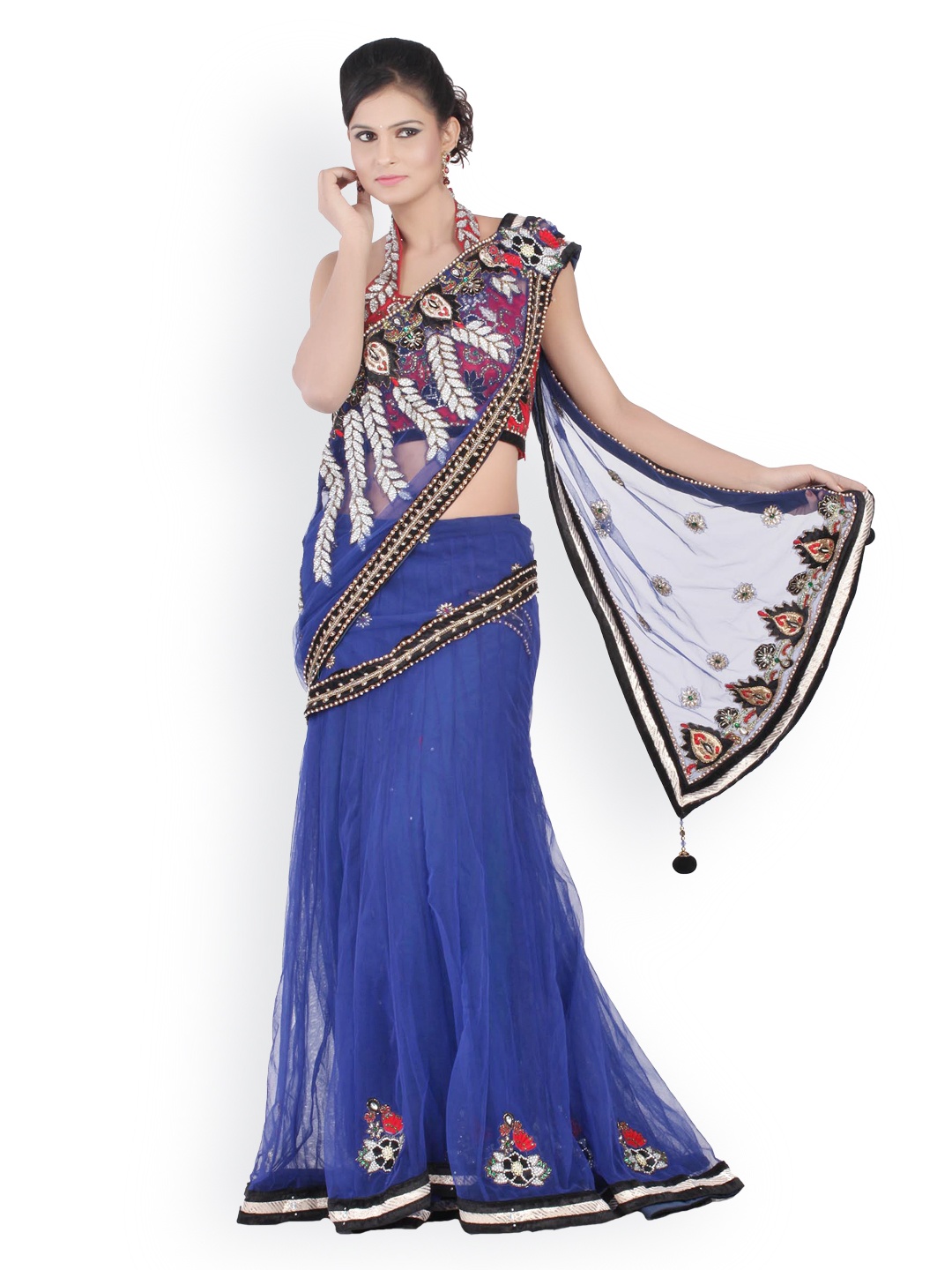 

Chhabra 555 Blue Embroidered Net Partywear Lehenga Saree