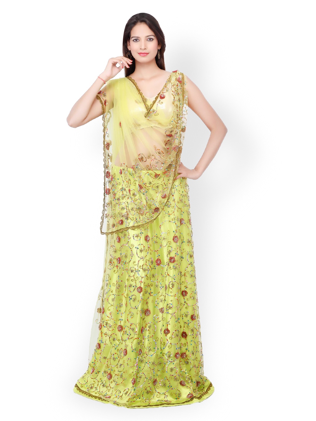 

Chhabra 555 Green Net Unstitched Lehenga Choli Material with Dupatta