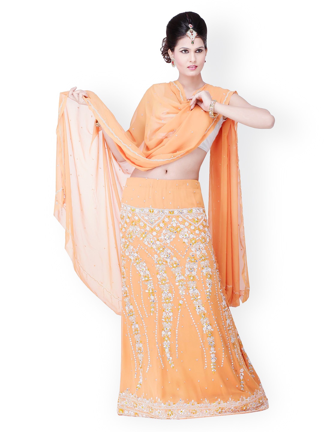 

Chhabra 555 Orange Art Georgette Lehenga Choli Material with Dupatta