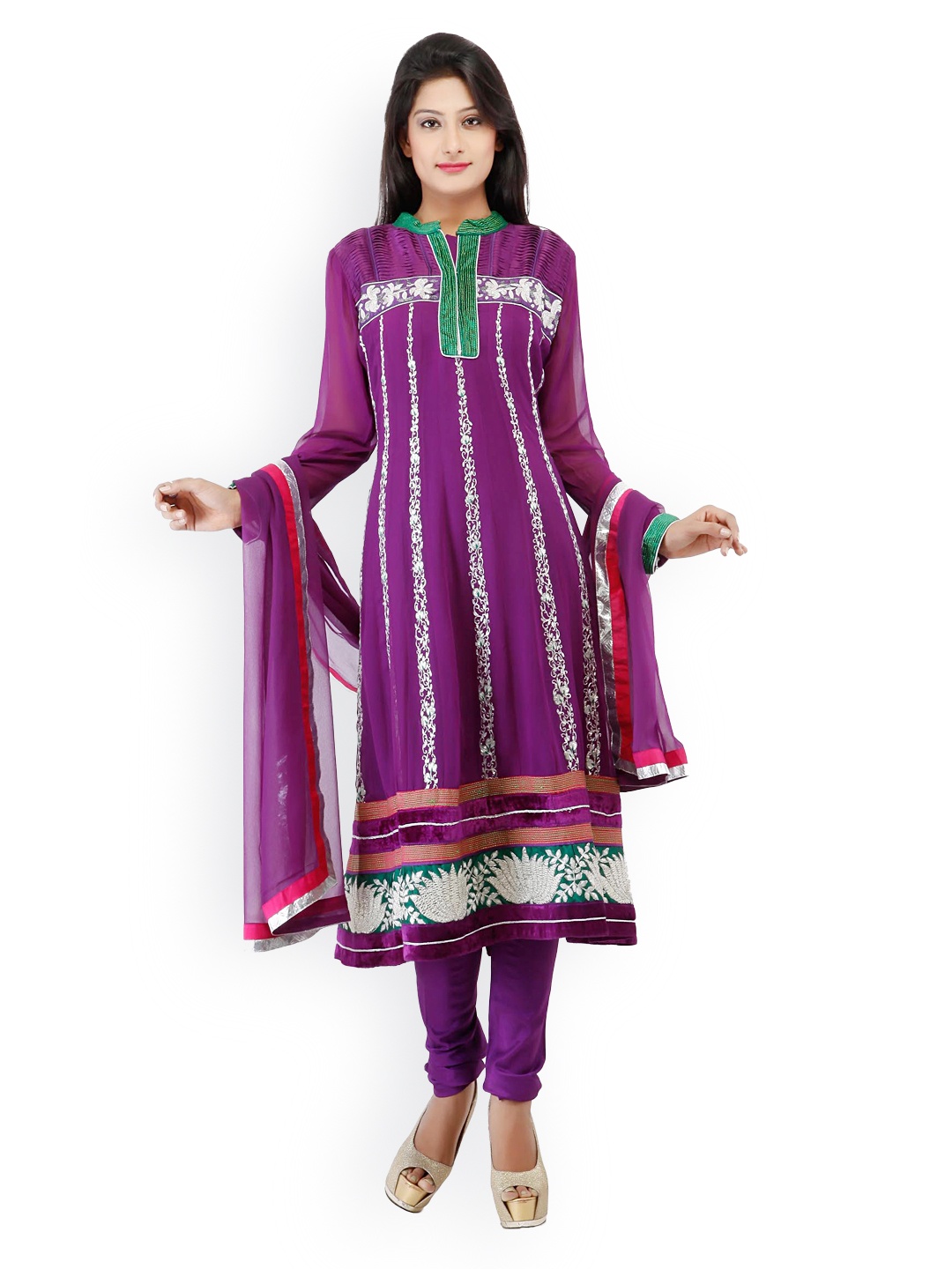 

Chhabra 555 Women Purple Embroidered Anarkali Churidar Kurta with Dupatta