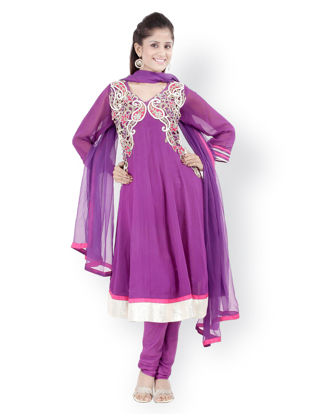 

Chhabra 555 Women Purple Embroidered Georgette Anarkali Churidar Kurta with Dupatta