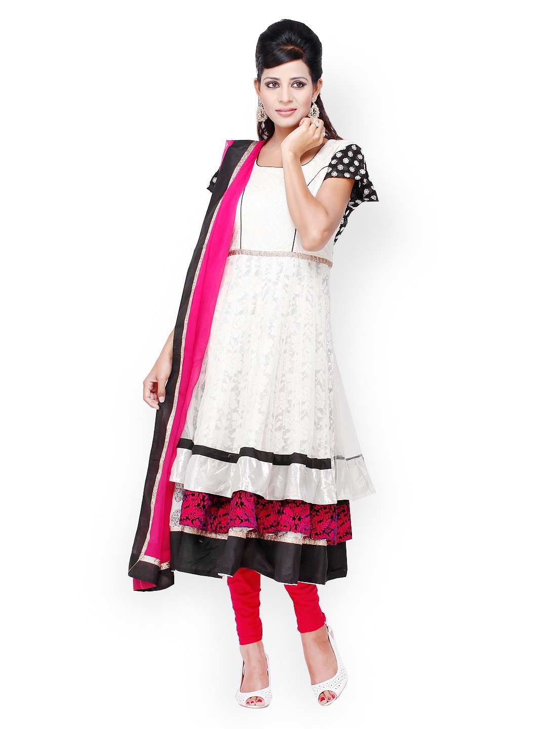 

Chhabra 555 White & Red Embroidered Net Anarkali Churidar Kurta with Dupatta