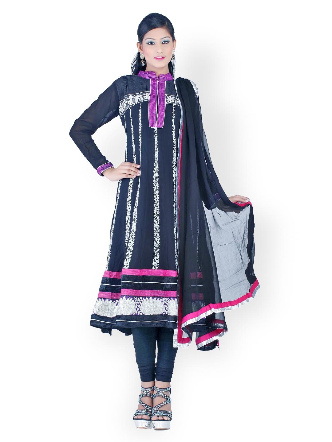 

Chhabra 555 Women Black Embroidered Georgette Churidar Kurta with Dupatta