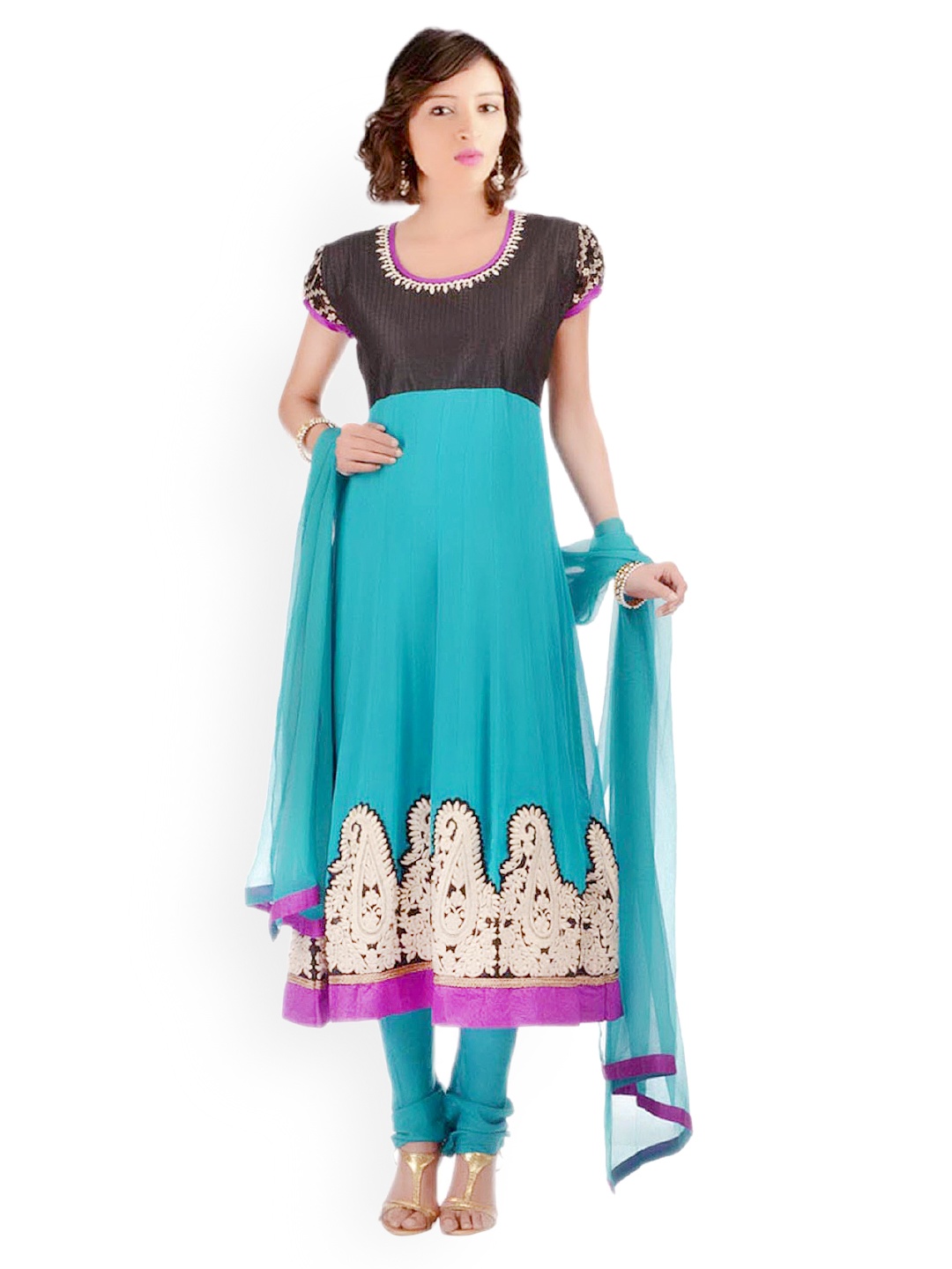 

Chhabra 555 Turquoise Blue Embroidered Georgette Churidar Kurta with Dupatta