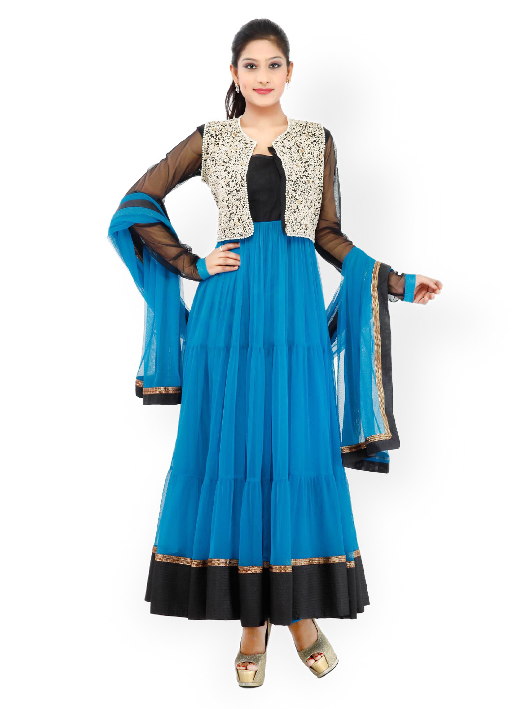 

Chhabra 555 Blue & Black Embroidered Net Churidar Kurta with Dupatta